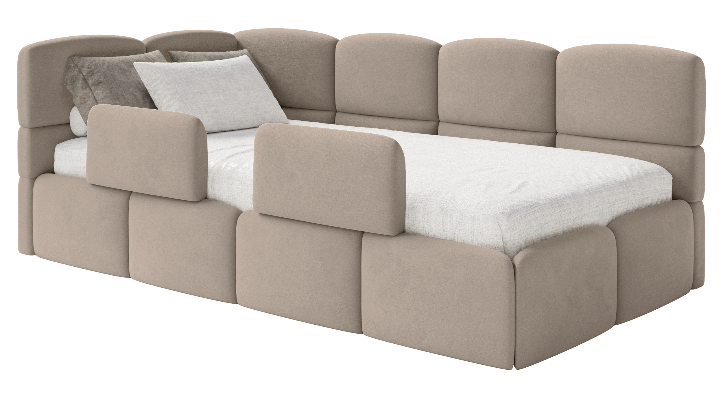 Jugendbett 120x200 cm Cloudy linksseitig mit Matratze, Stauraum und Geländern, beige Velours, wasserabweisend und leicht zu reinigen