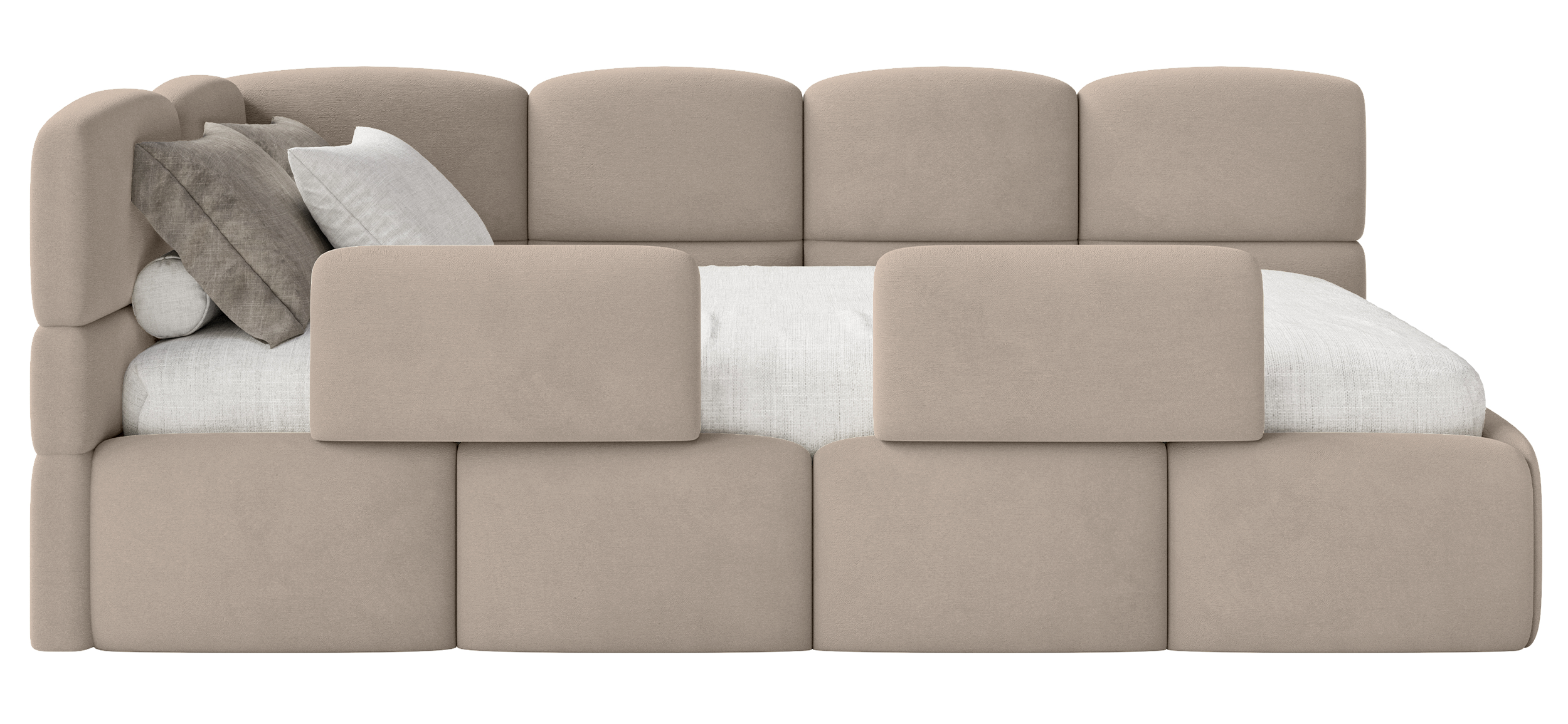 Jugendbett 120x200 cm Cloudy linksseitig mit Matratze, Stauraum und Geländern, beige Velours, wasserabweisend und leicht zu reinigen