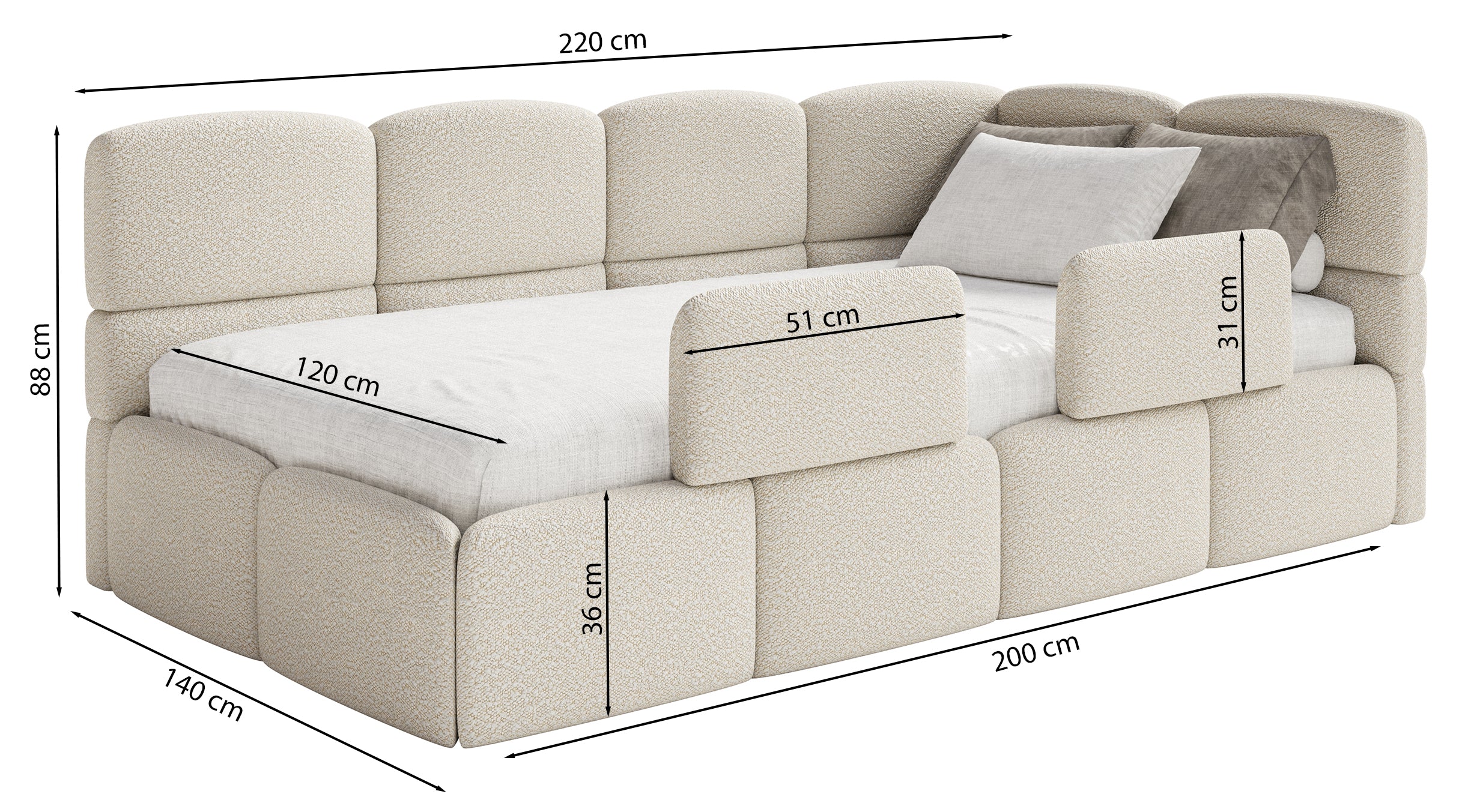 Jugendbett 120x200 cm Cloudy, rechtsseitig mit Stauraum, hellgrauer Velours, wasserabweisend und pflegeleicht