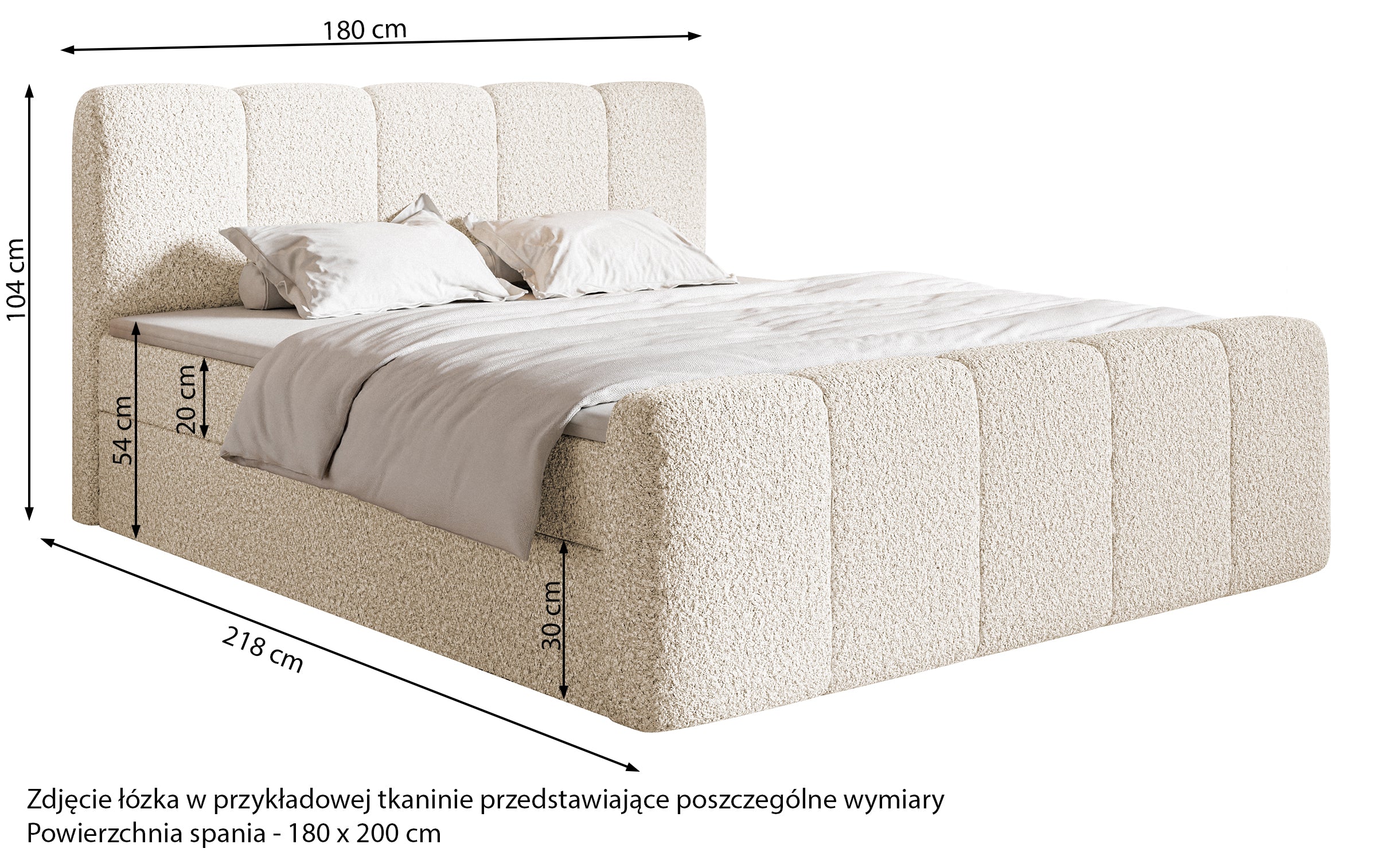 Kontinentales Bett 180x200 cm Cloudy II mit Stauraum und Topper, grauer Bouclé-Stoff