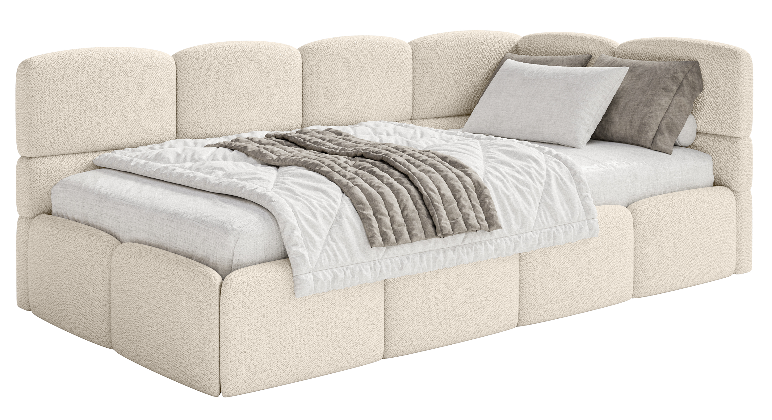 Jugendbett 90x200 cm Cloudy, rechtsseitig mit Stauraum, hellbeige Bouclé