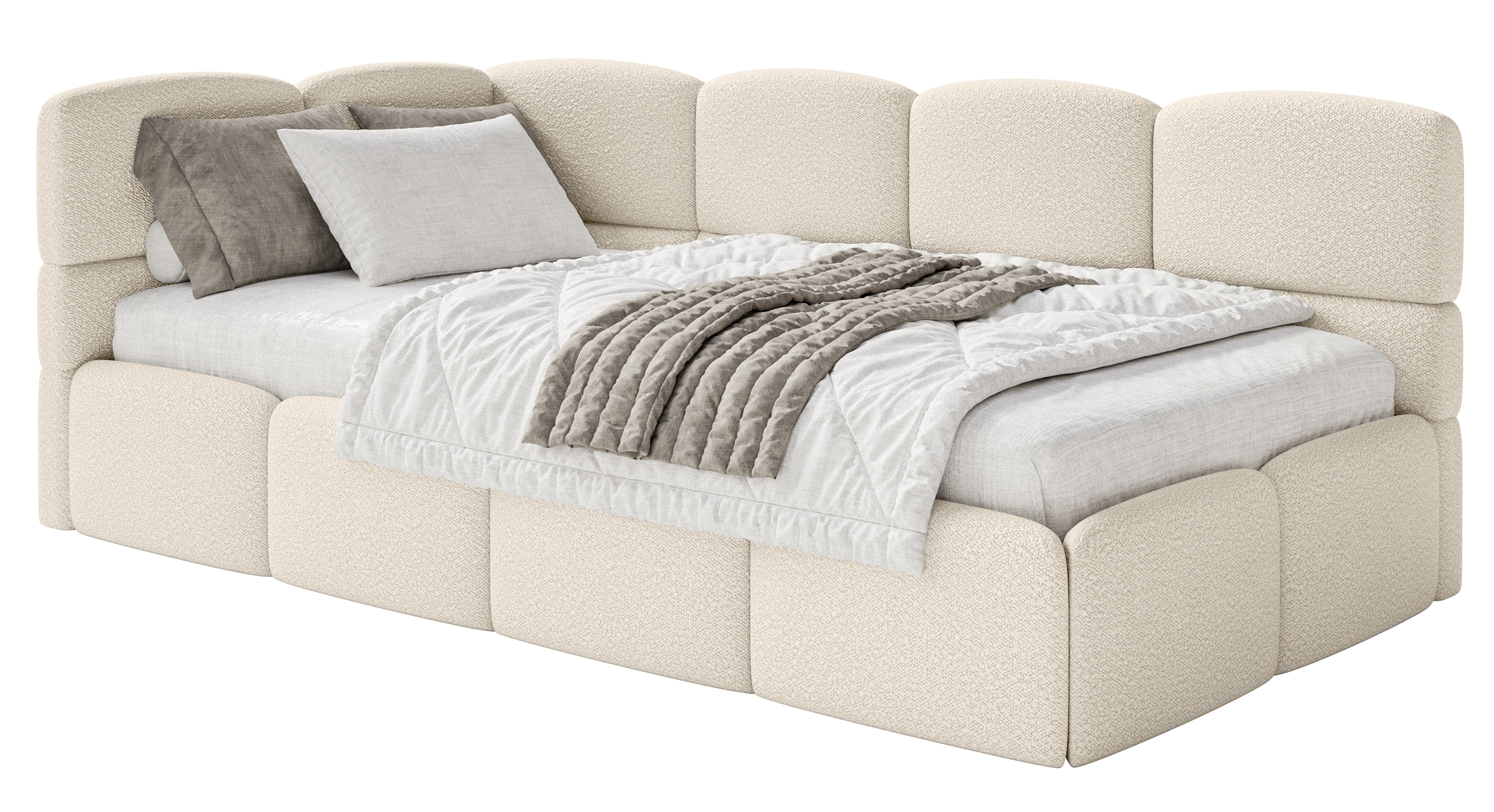 Jugendbett 90x200 cm Cloudy linksseitig mit Matratze und Bettkasten hellbeige Bouclé