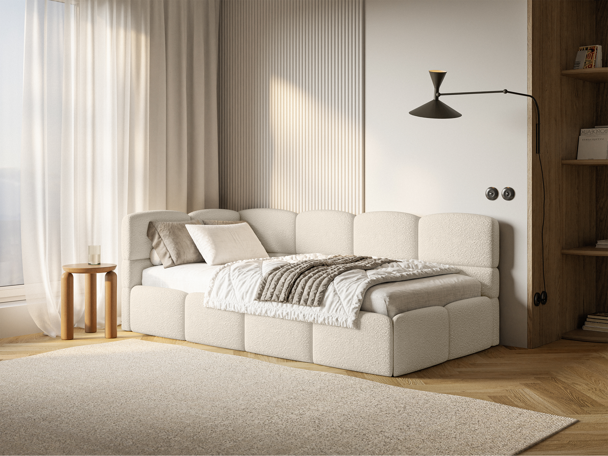 Jugendbett 90x200 cm Cloudy linksseitig mit Stauraum und hellbeigen Bouclé-Gittern