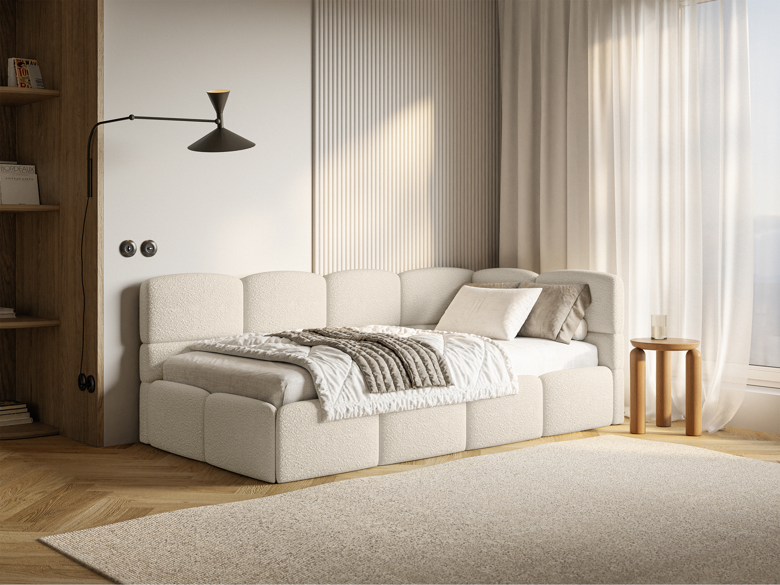 Jugendbett 90x200 cm Cloudy rechtsseitig mit Matratze, Stauraum und hellbeigen Bouclé-Gittern