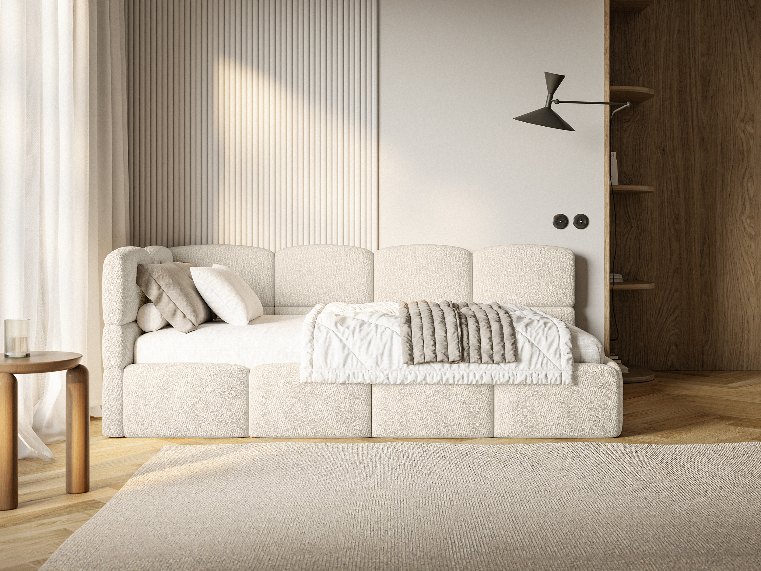 Jugendbett 90x200 cm Cloudy linksseitig mit Matratze, Stauraum und hellbeigen Bouclé-Gittern