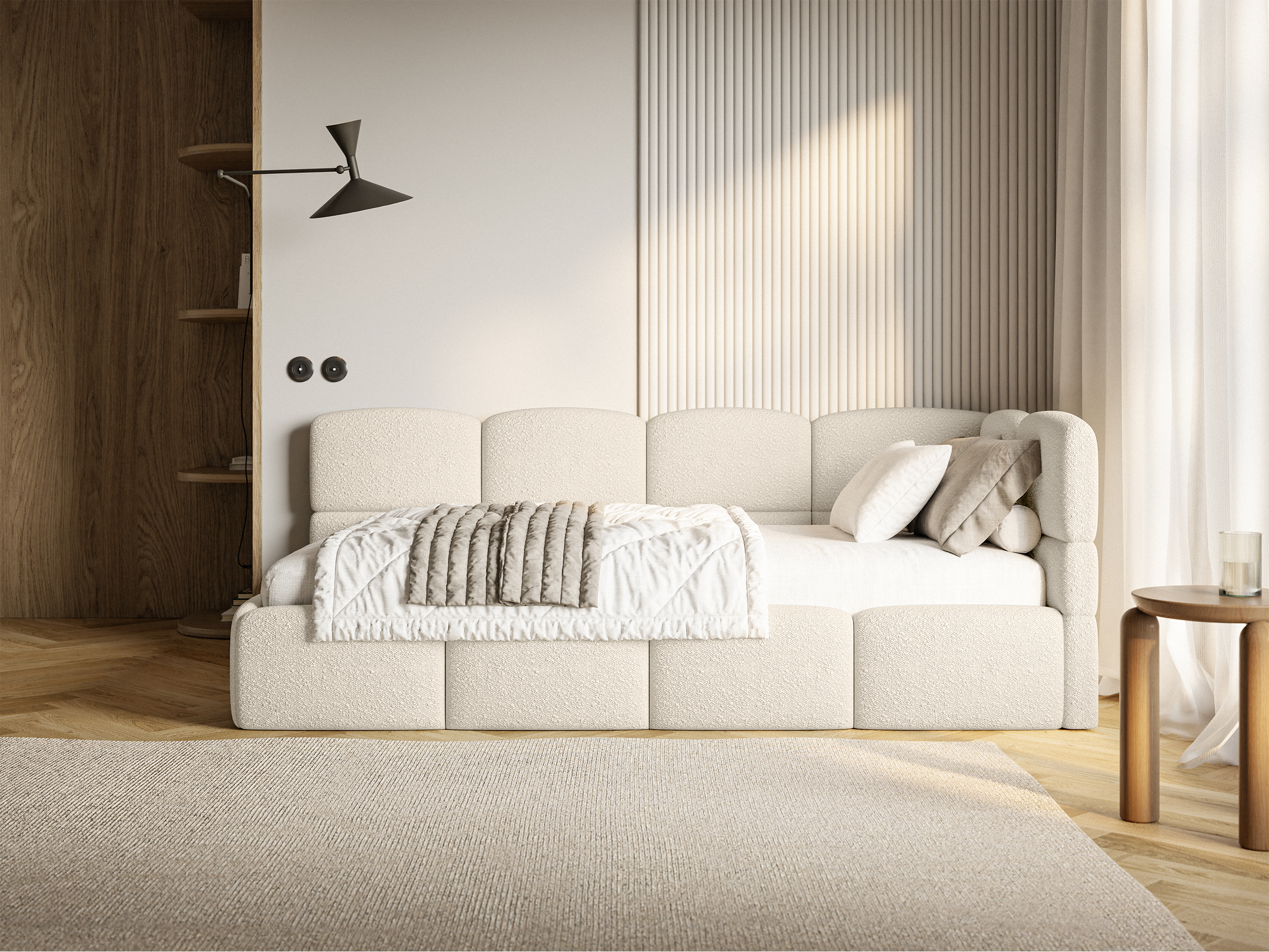 Jugendbett 90x200 cm Cloudy rechtsseitig mit Stauraum und hellbeigen Bouclé-Gittern