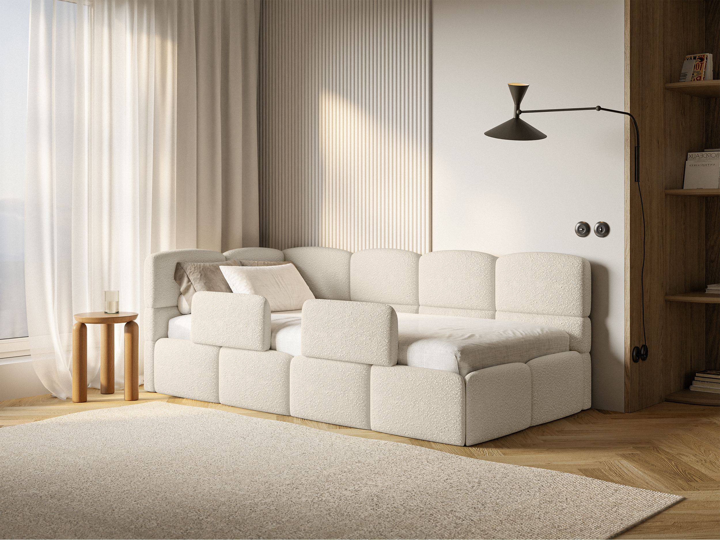 Jugendbett 90x200 cm Cloudy linksseitig mit Matratze, Stauraum und hellbeigen Bouclé-Gittern