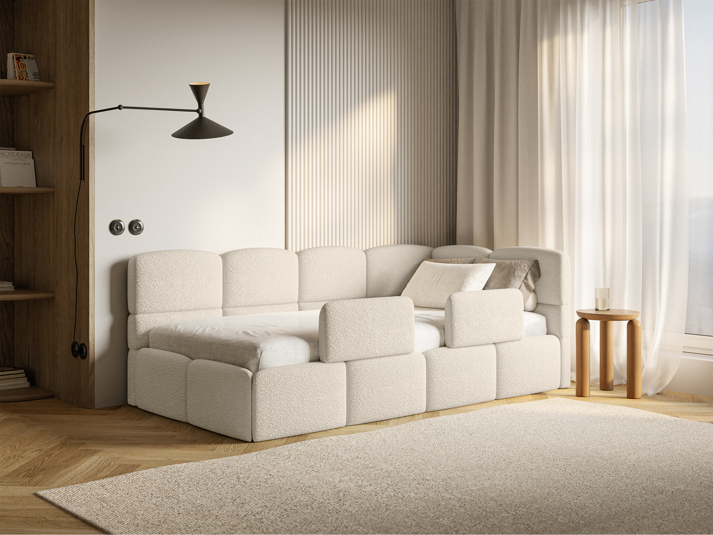 Jugendbett 90x200 cm Cloudy rechtsseitig mit Stauraum und hellbeigen Bouclé-Gittern