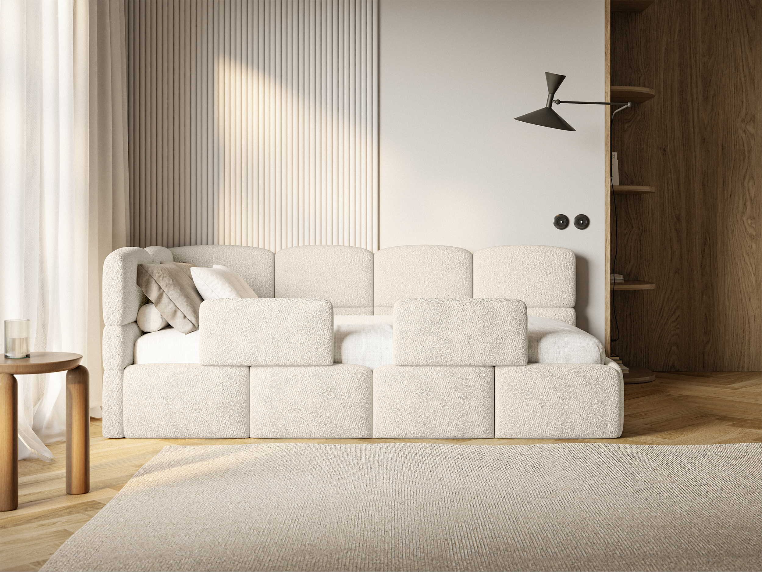 Jugendbett 90x200 cm Cloudy linksseitig mit Matratze, Stauraum und hellbeigen Bouclé-Gittern