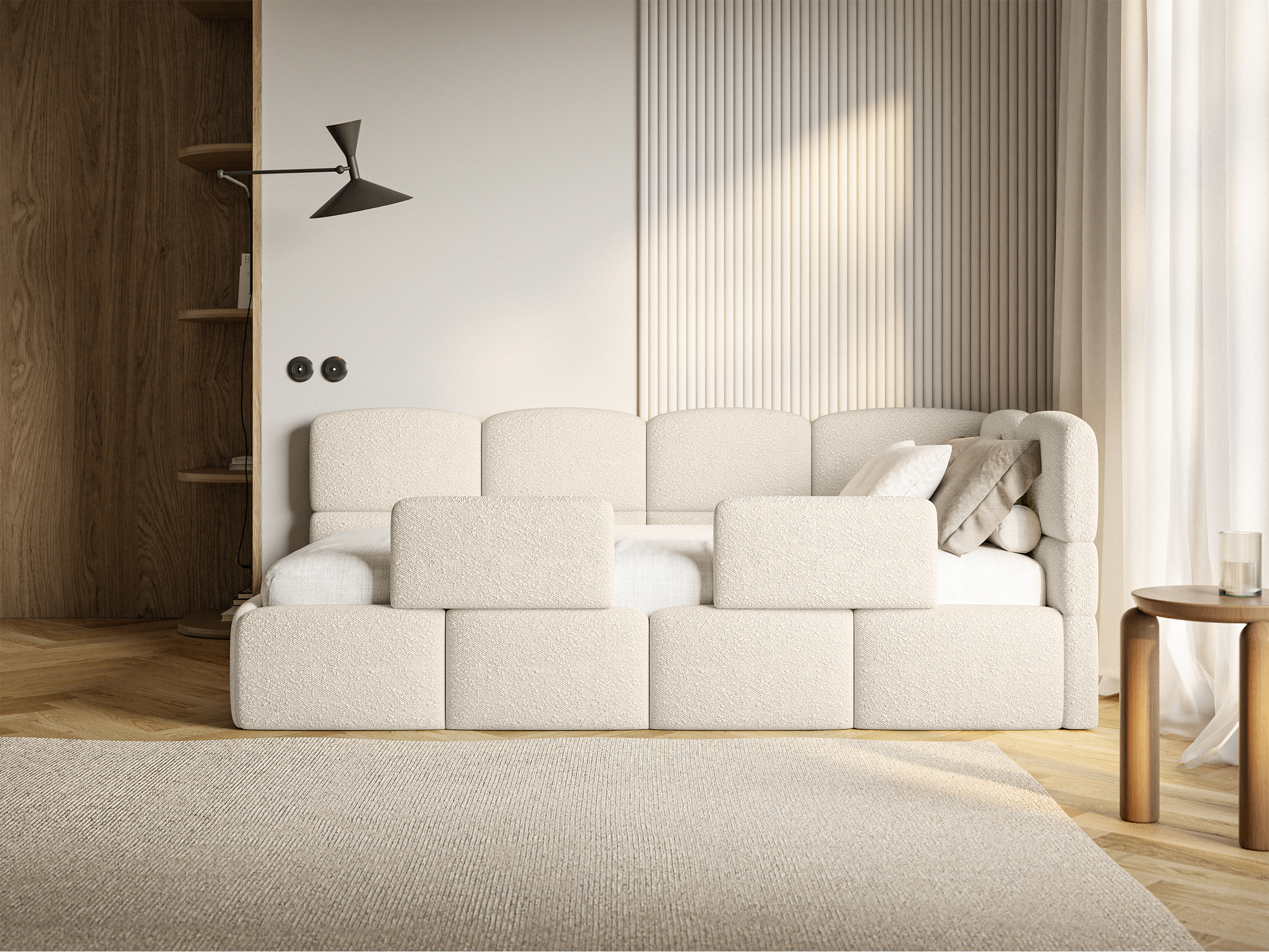 Jugendbett 90x200 cm Cloudy rechtsseitig mit Stauraum und hellbeigen Bouclé-Gittern
