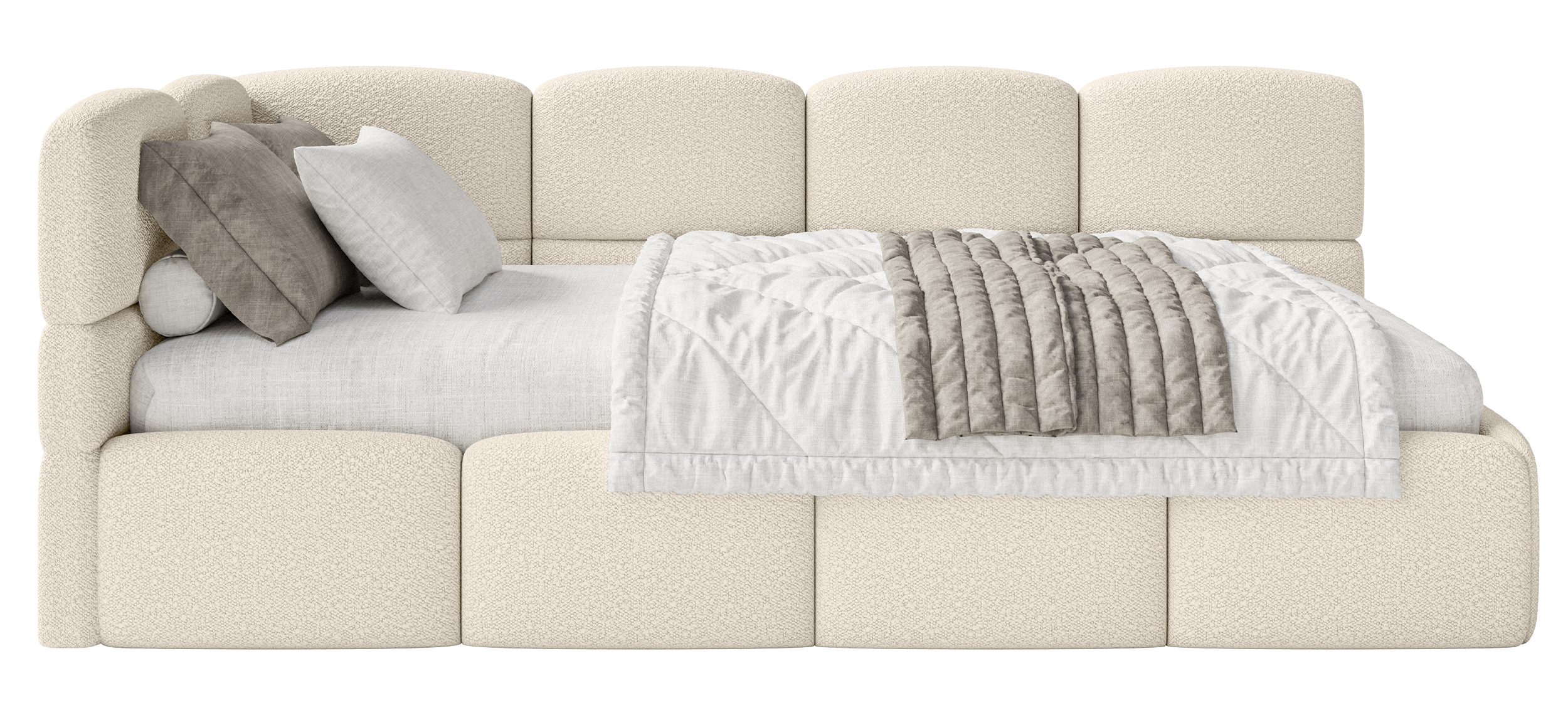 Jugendbett 90x200 cm Cloudy linksseitig mit Matratze, Stauraum und hellbeigen Bouclé-Gittern