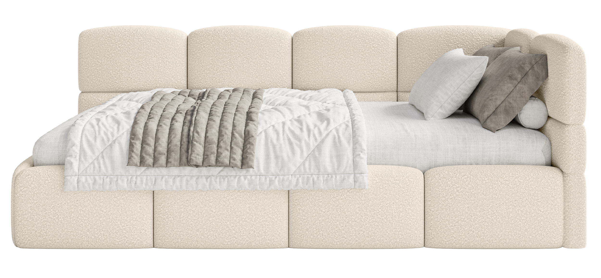 Jugendbett 90x200 cm Cloudy rechtsseitig mit Stauraum und hellbeigen Bouclé-Gittern