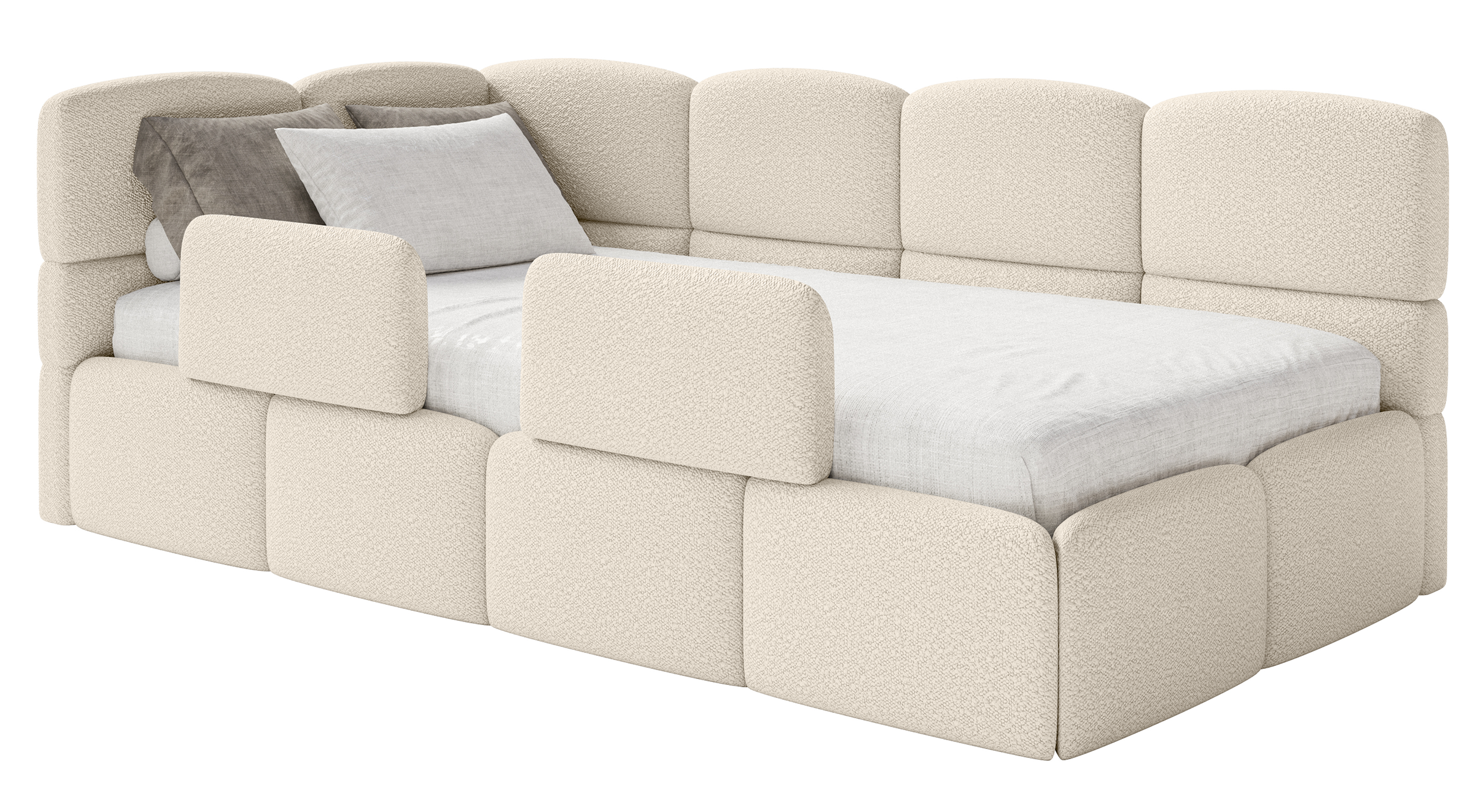 Jugendbett 90x200 cm Cloudy linksseitig mit Stauraum und hellbeigen Bouclé-Gittern