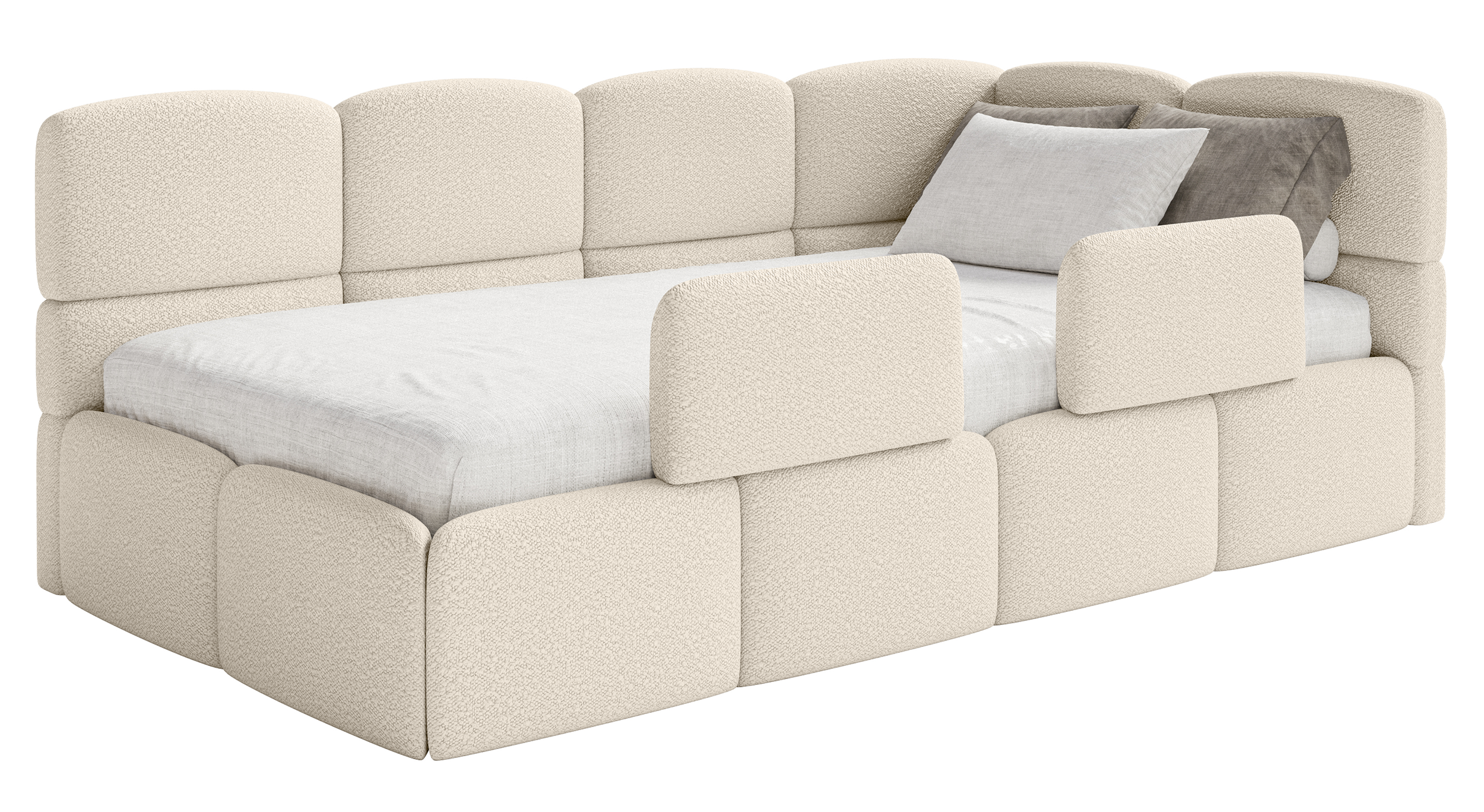Jugendbett 90x200 cm Cloudy rechtsseitig mit Matratze, Stauraum und hellbeigen Bouclé-Gittern