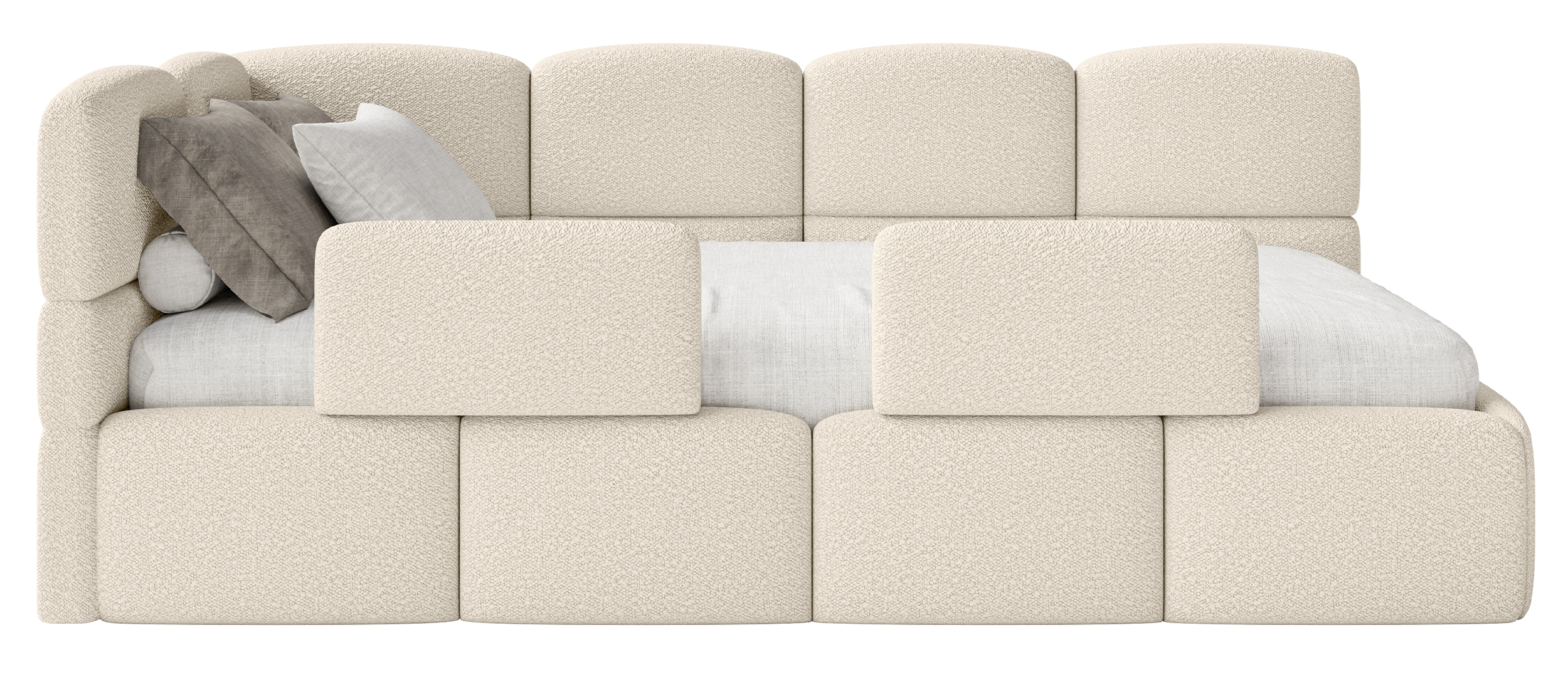 Jugendbett 90x200 cm Cloudy linksseitig mit Matratze, Stauraum und hellbeigen Bouclé-Gittern