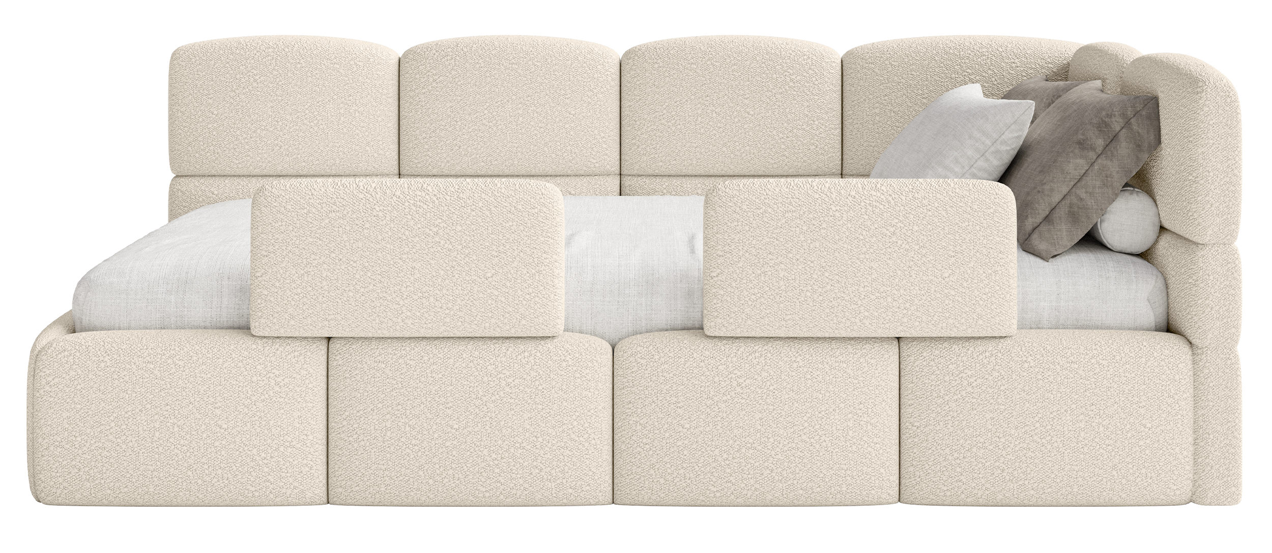 Jugendbett 90x200 cm Cloudy rechtsseitig mit Stauraum und hellbeigen Bouclé-Gittern