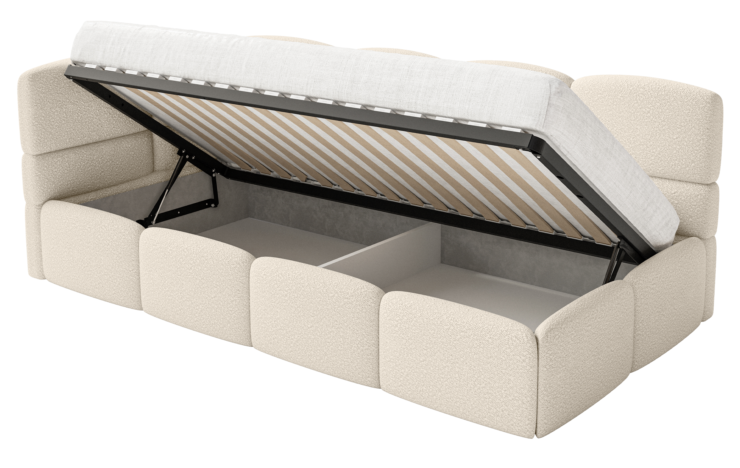 Jugendbett 90x200 cm Cloudy linksseitig mit Matratze, Stauraum und hellbeigen Bouclé-Gittern