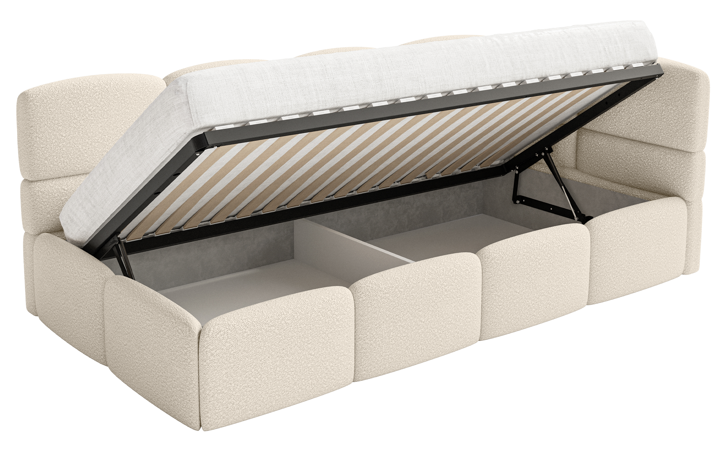 Jugendbett 90x200 cm Cloudy rechtsseitig mit Stauraum und hellbeigen Bouclé-Gittern