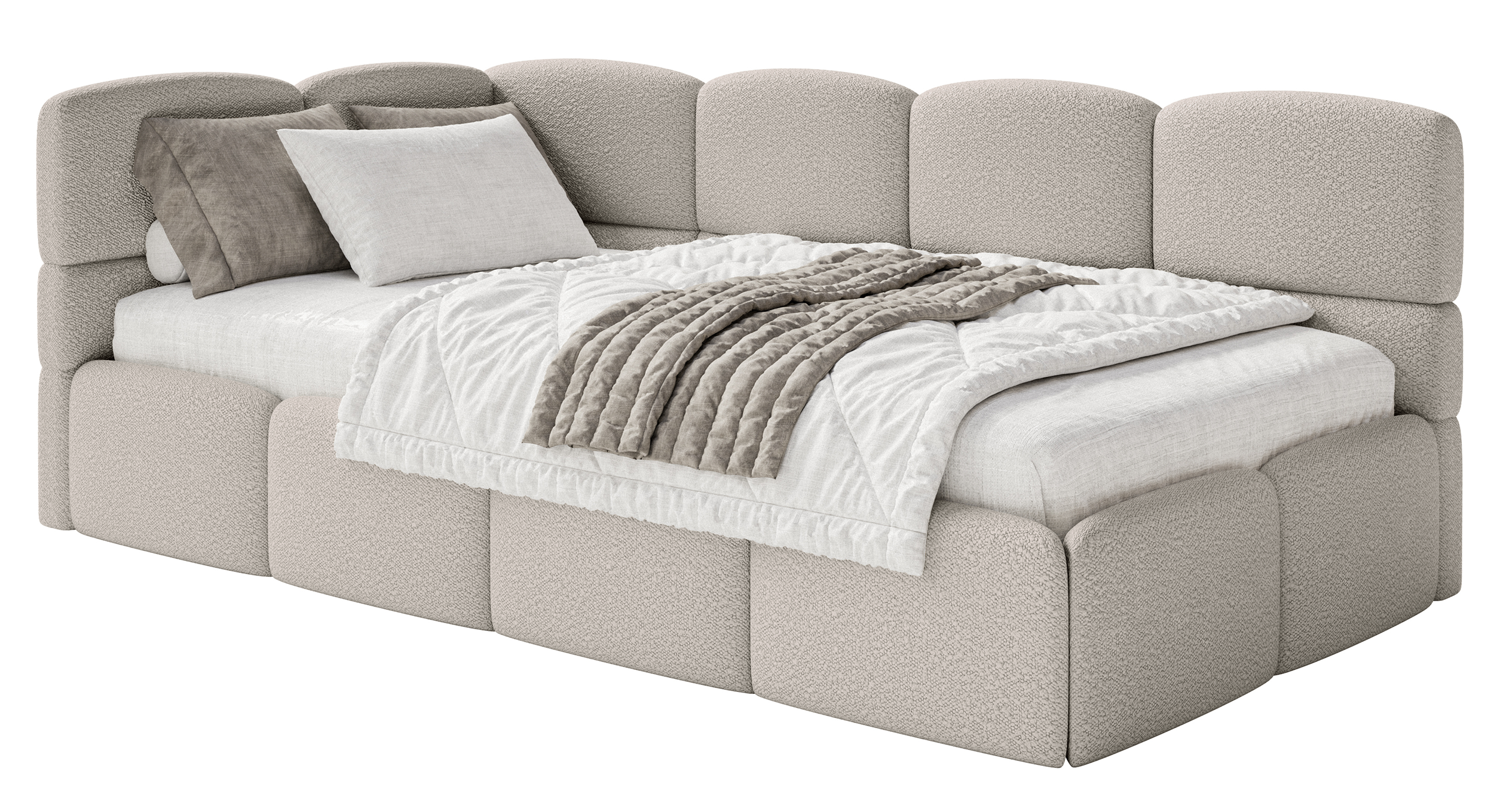 Jugendbett 90x200 cm Cloudy linksseitig mit Stauraum, grau-beiges Bouclé