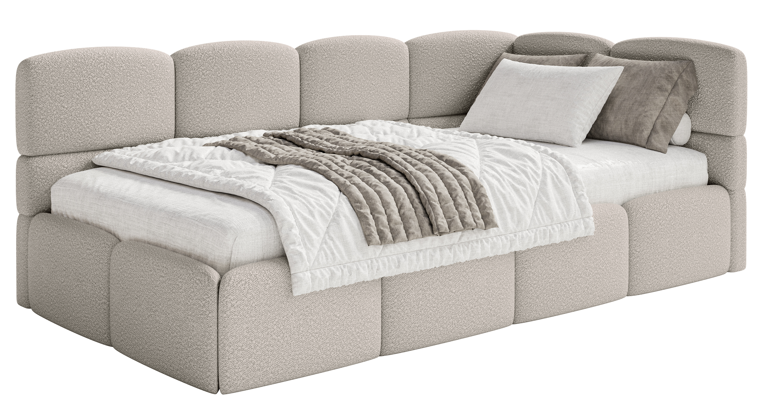 Jugendbett 90x200 cm Cloudy rechtsseitig mit Stauraum, grau-beiges Bouclé