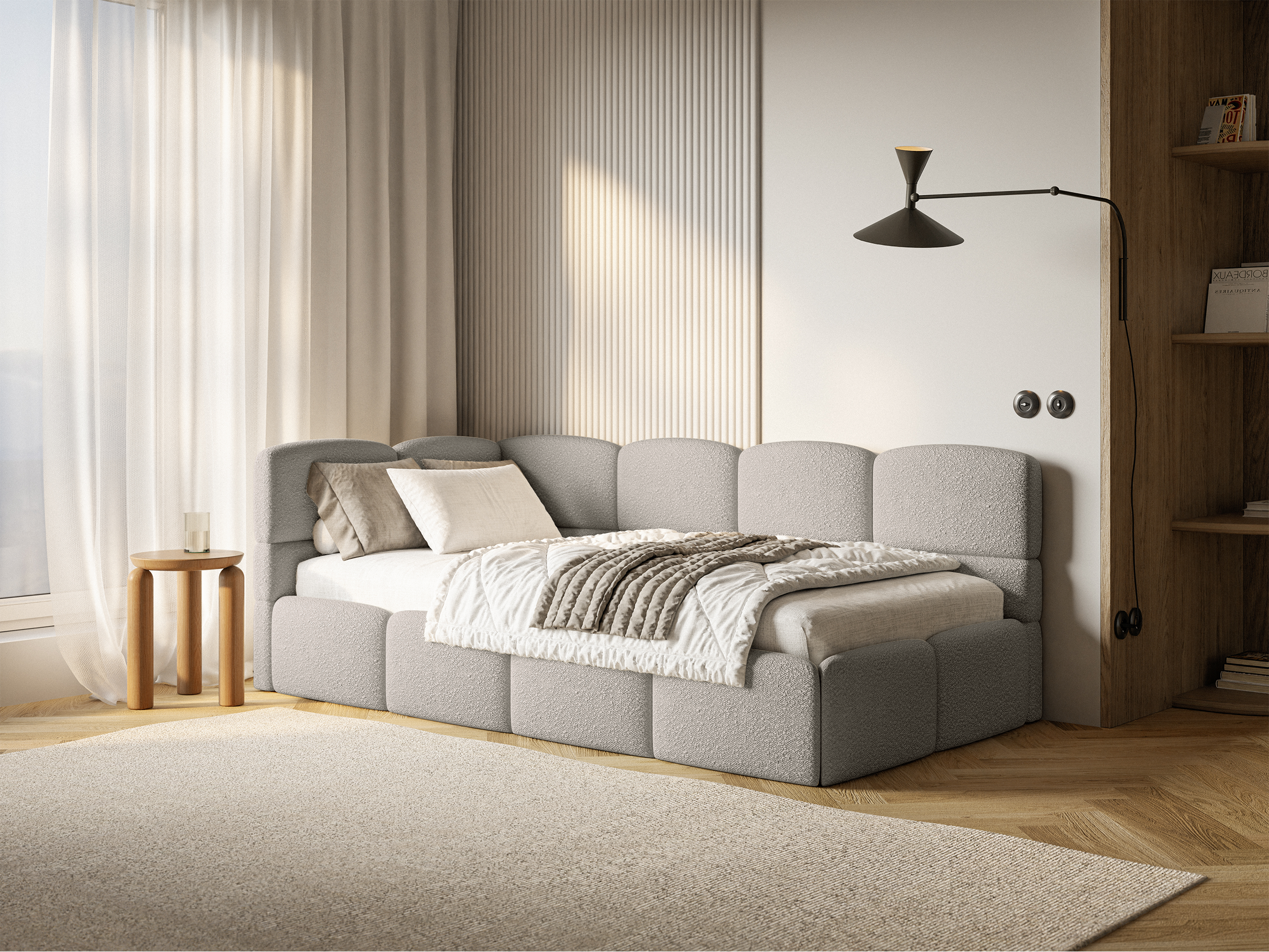 Jugendbett 90x200 cm Cloudy, linksseitig, mit Stauraum und Geländern, grau-beiges Bouclé