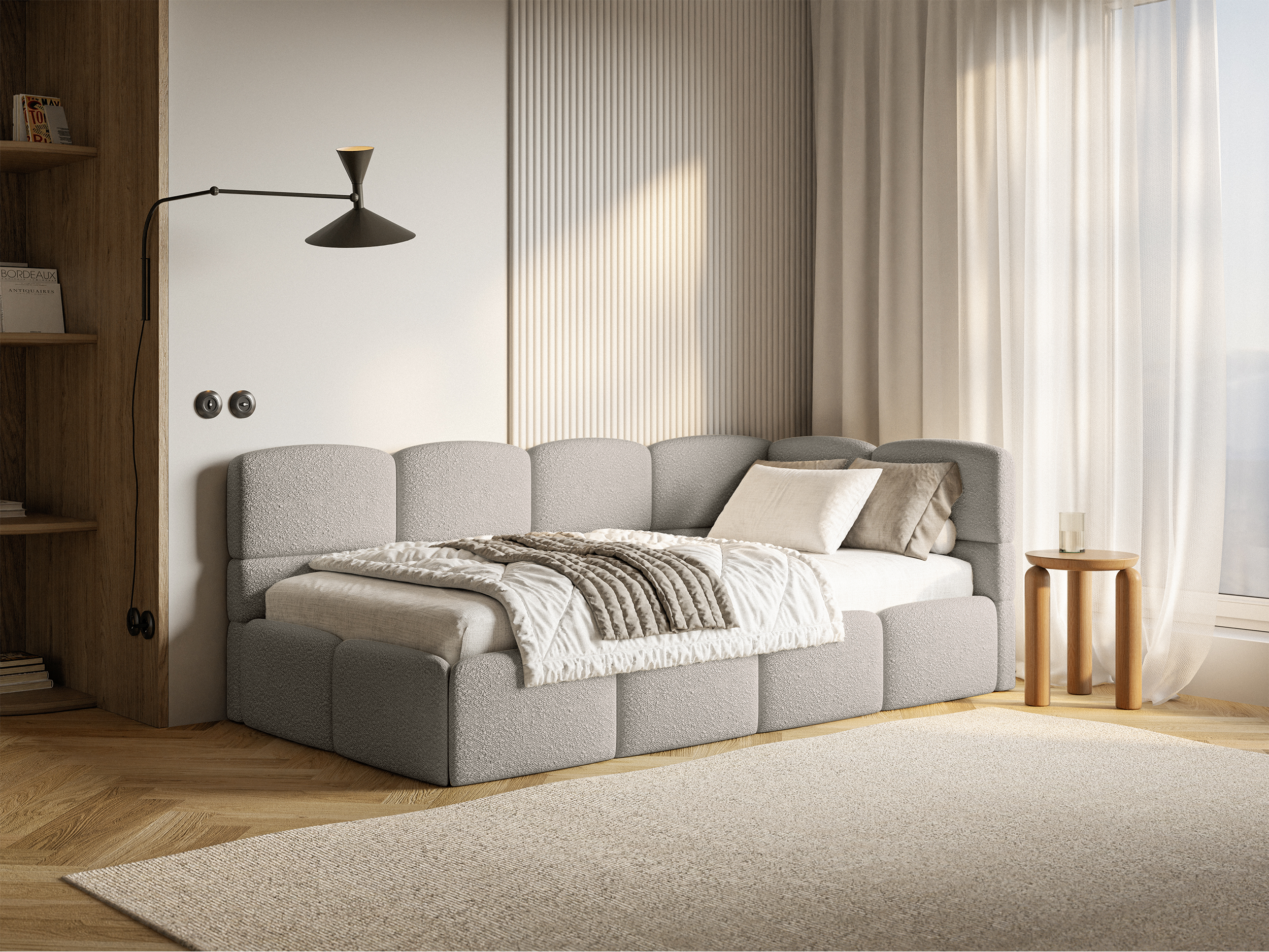 Jugendbett 90x200 cm Cloudy, rechtsseitig, mit Stauraum und Geländern, grau-beige Bouclé
