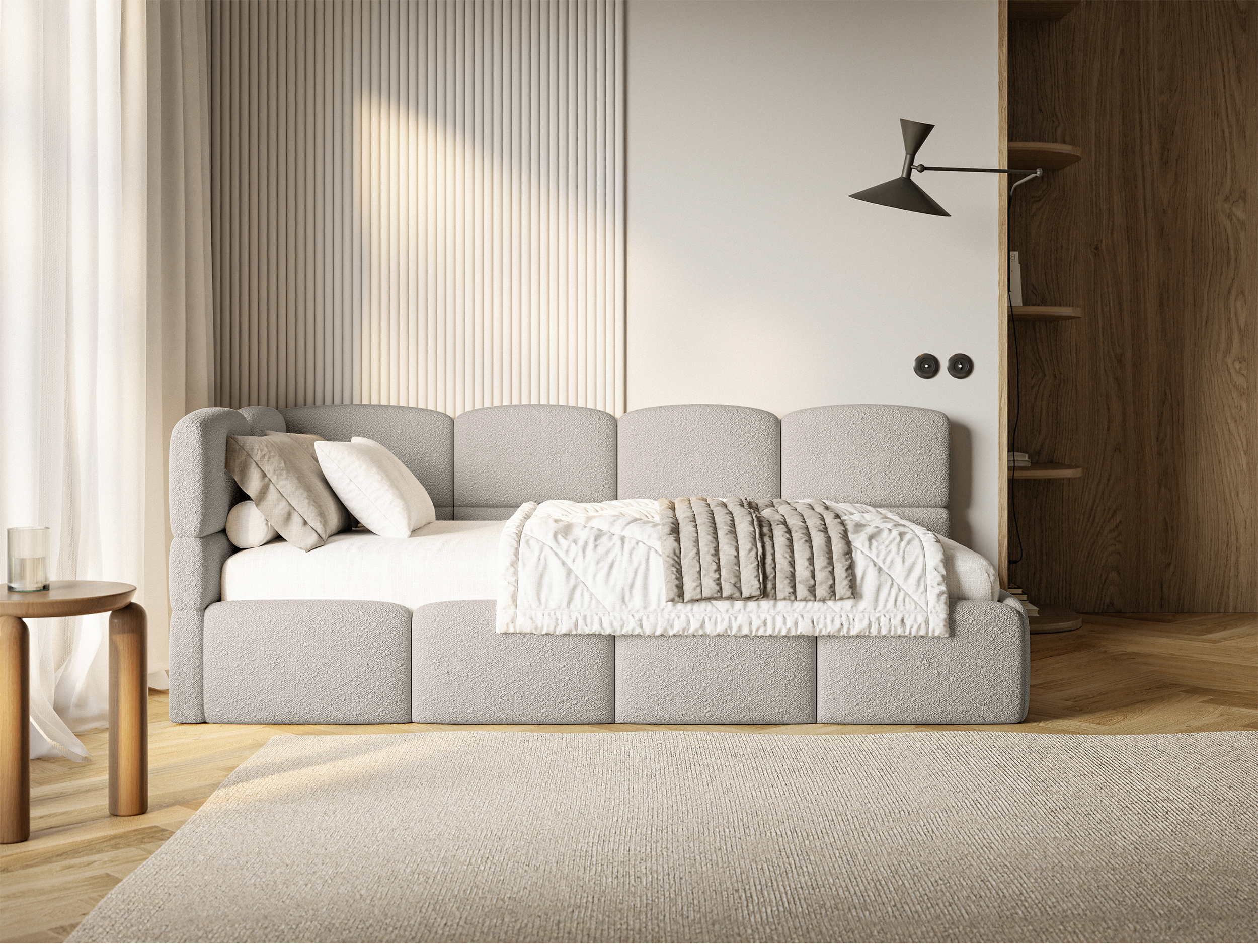 Jugendbett 90x200 cm Cloudy linksseitig mit Stauraum, grau-beiges Bouclé