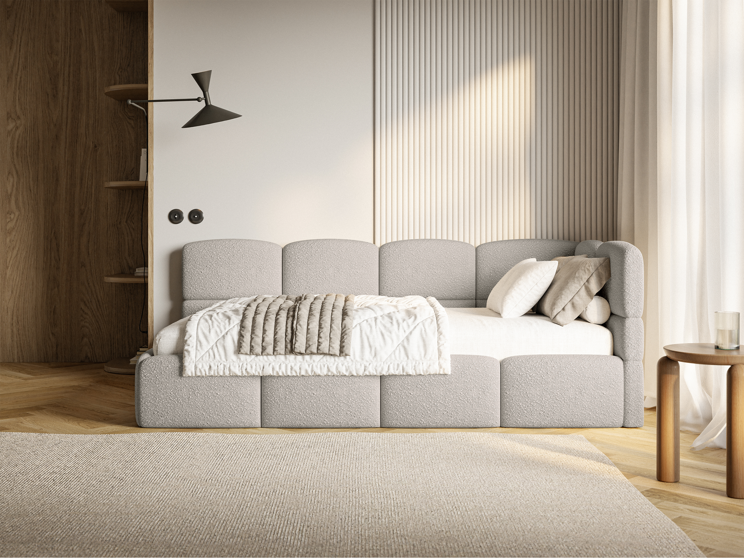 Jugendbett 90x200 cm Cloudy rechtsseitig mit Stauraum, grau-beiges Bouclé