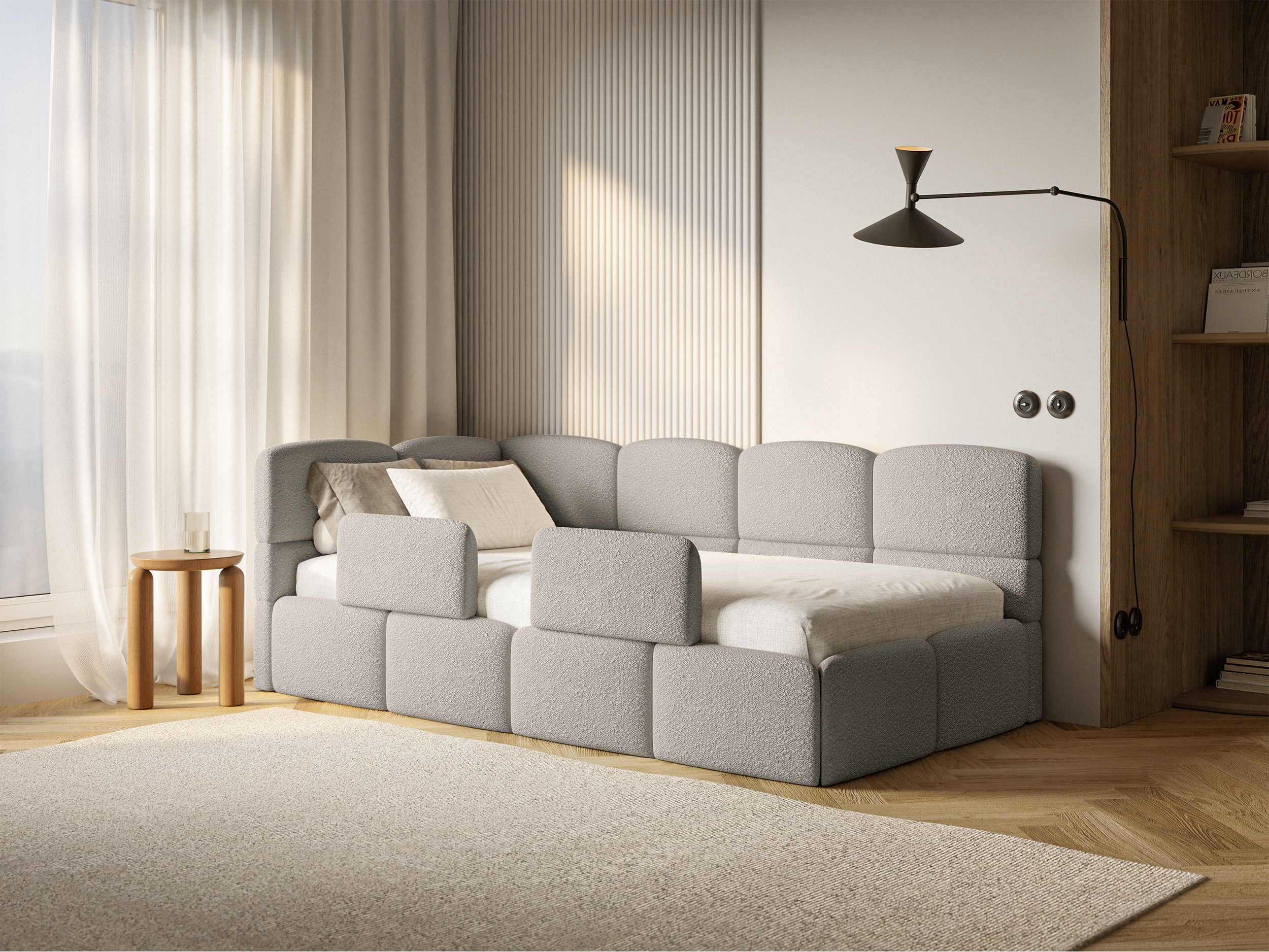 Jugendbett 90x200 cm Cloudy, linksseitig, mit Stauraum und Geländern, grau-beiges Bouclé