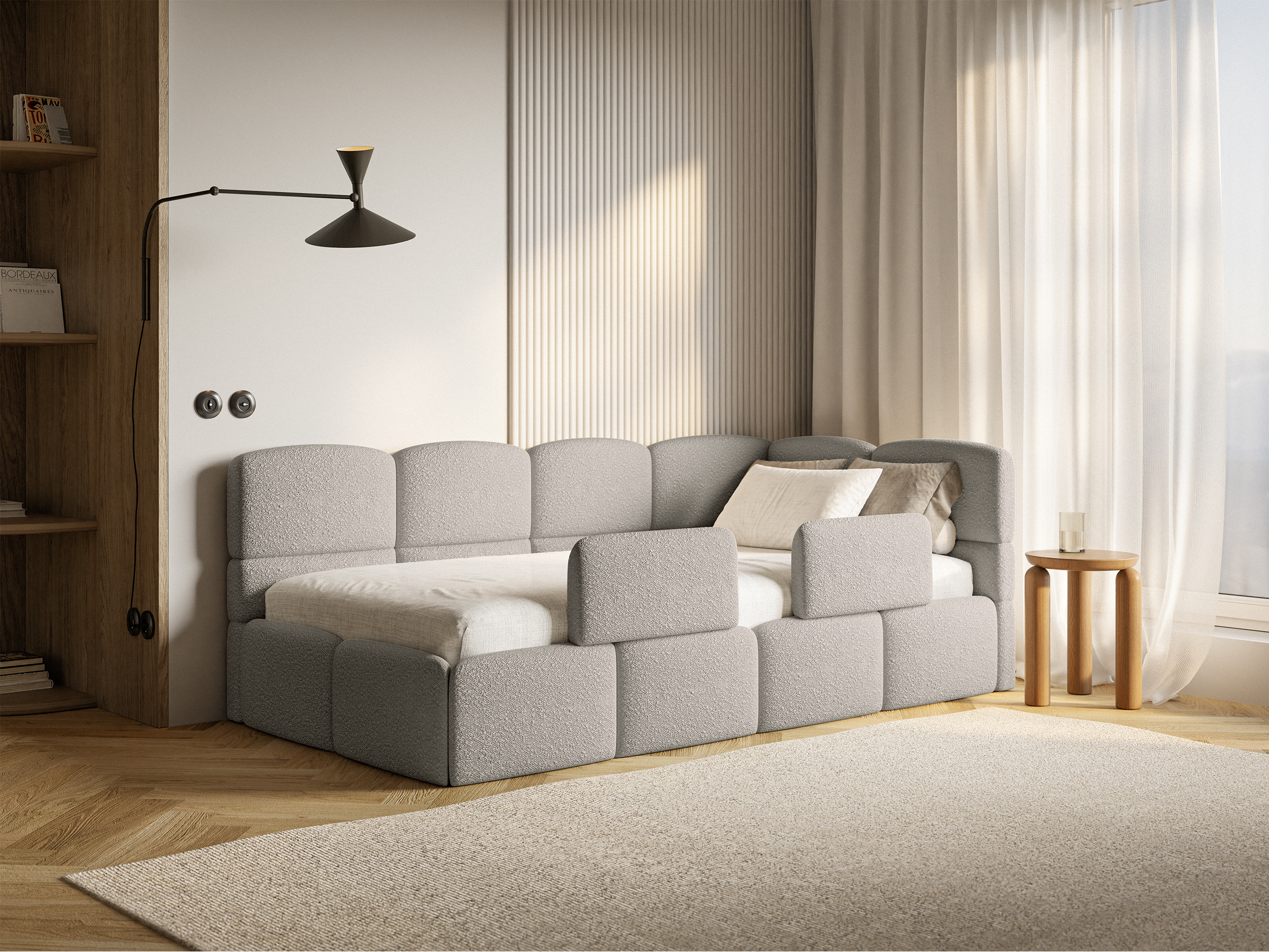 Jugendbett 90x200 cm Cloudy, rechtsseitig, mit Stauraum und Geländern, grau-beige Bouclé