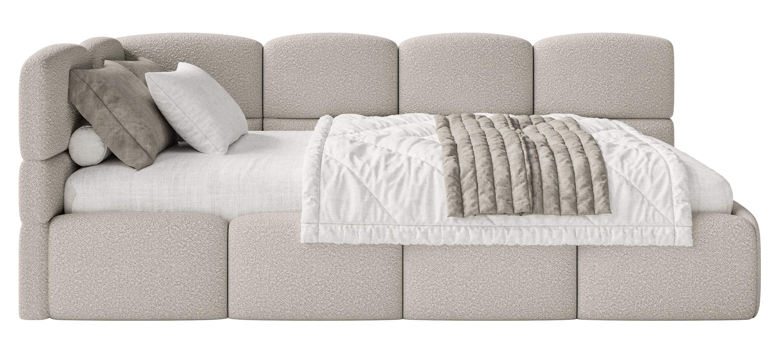 Jugendbett 90x200 cm Cloudy, linksseitig, mit Stauraum und Geländern, grau-beiges Bouclé