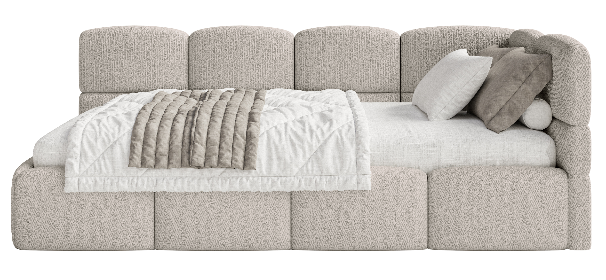 Jugendbett 90x200 cm Cloudy, rechtsseitig, mit Stauraum und Geländern, grau-beige Bouclé