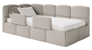 Jugendbett 90x200 cm Cloudy, linksseitig, mit Stauraum und Geländern, grau-beiges Bouclé