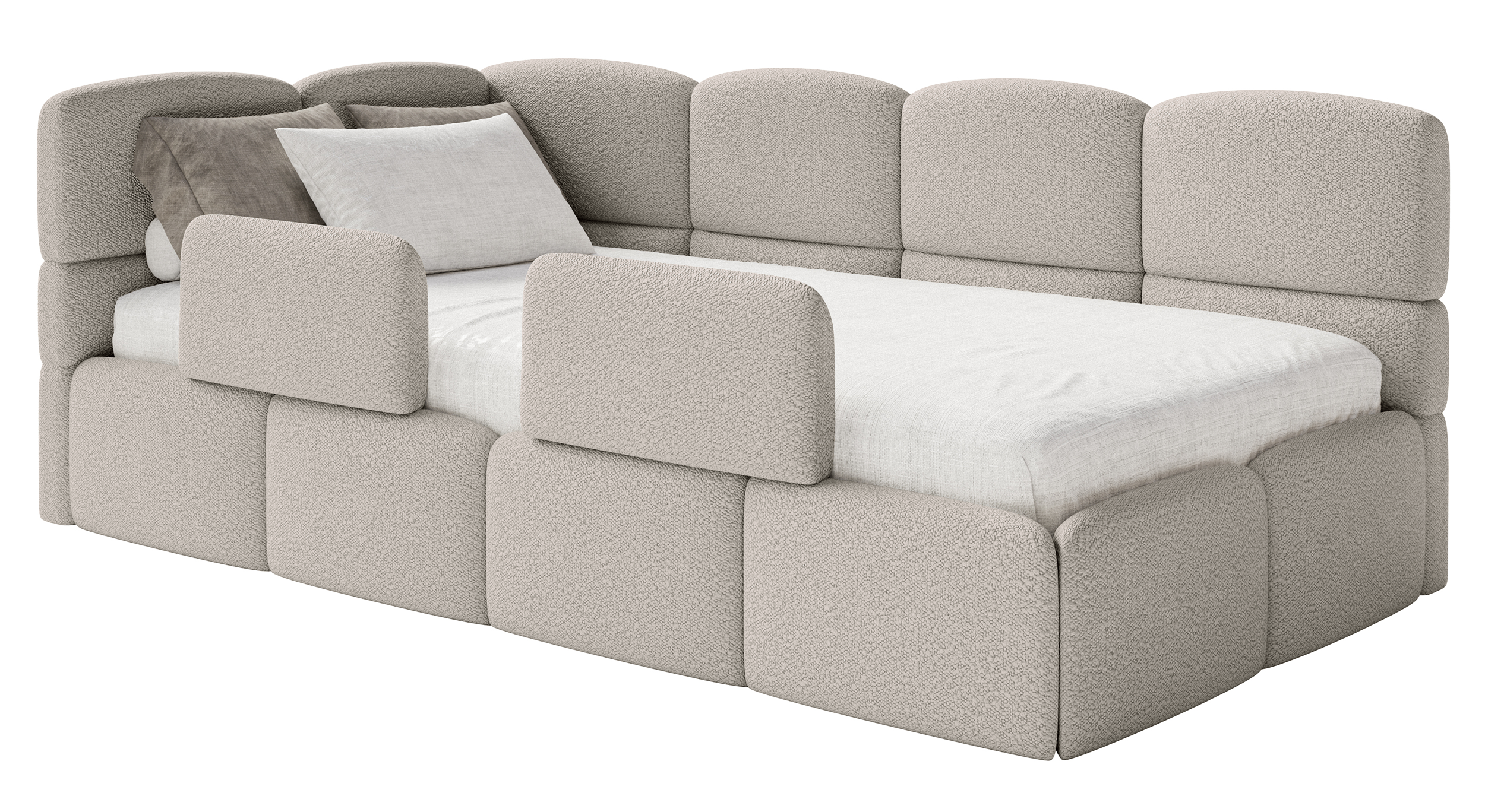 Jugendbett 90x200 cm Cloudy, linksseitig, mit Stauraum und Geländern, grau-beiges Bouclé