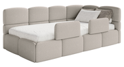 Jugendbett 90x200 cm Cloudy, rechtsseitig, mit Stauraum und Geländern, grau-beige Bouclé