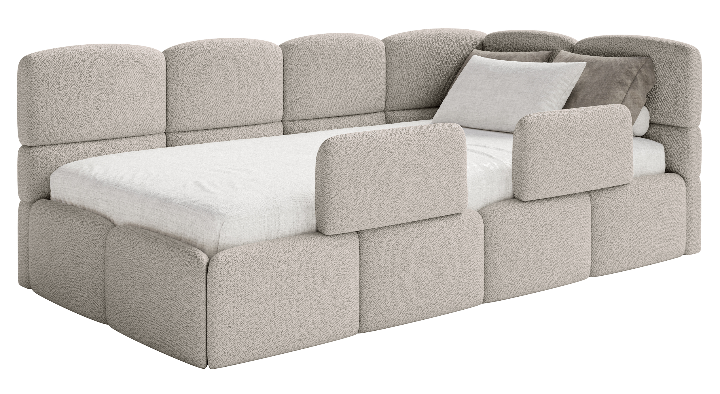 Jugendbett 90x200 cm Cloudy, rechtsseitig, mit Stauraum und Geländern, grau-beige Bouclé
