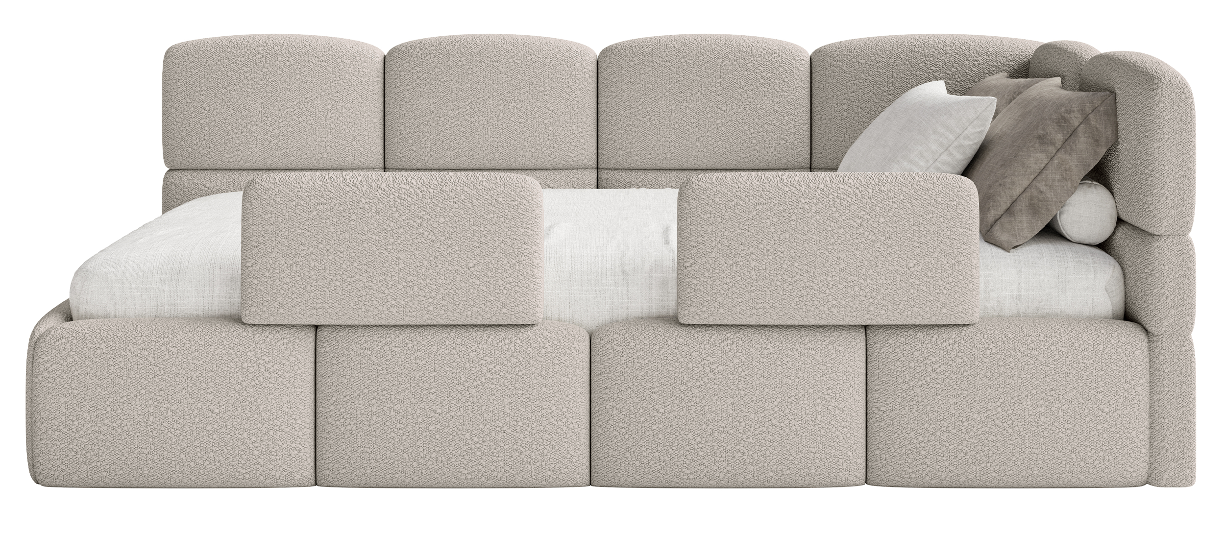 Jugendbett 90x200 cm Cloudy rechtsseitig mit Matratze und Stauraum, grau-beige Bouclé