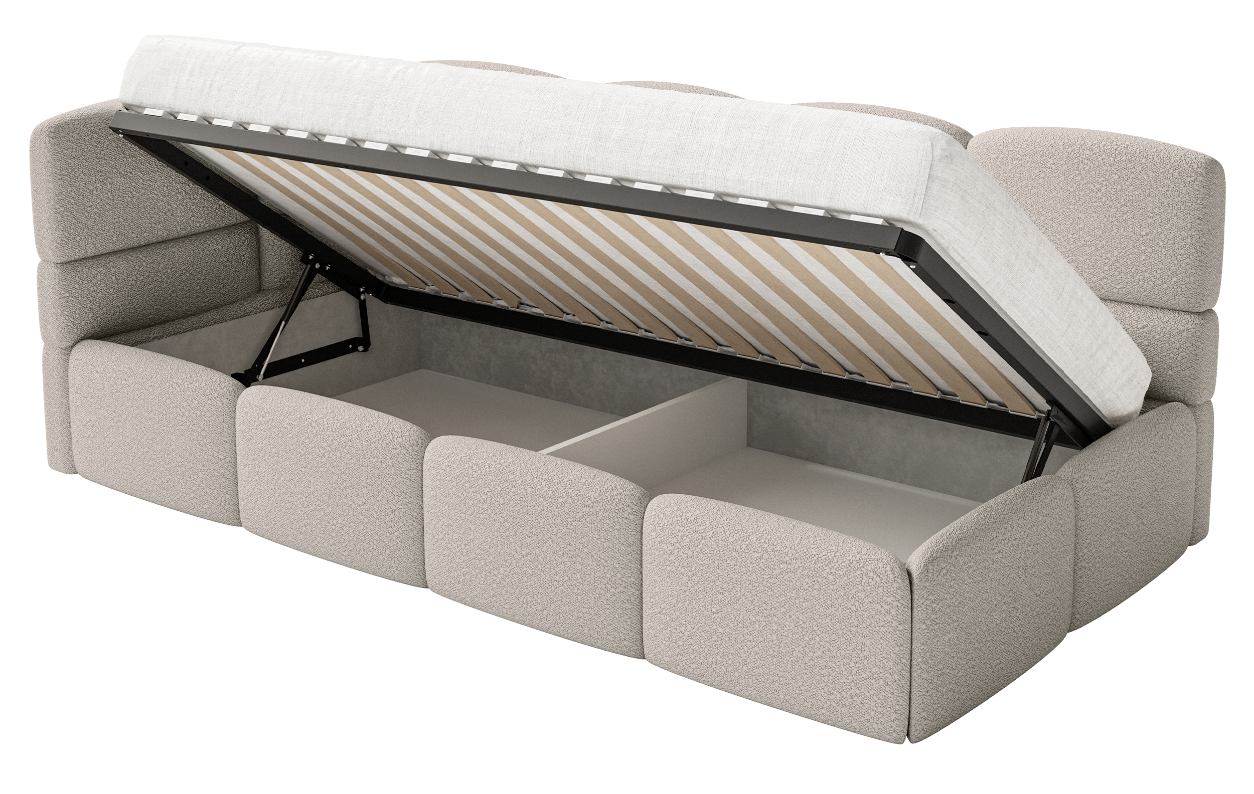 Jugendbett 90x200 cm Cloudy linksseitig mit Stauraum, grau-beiges Bouclé