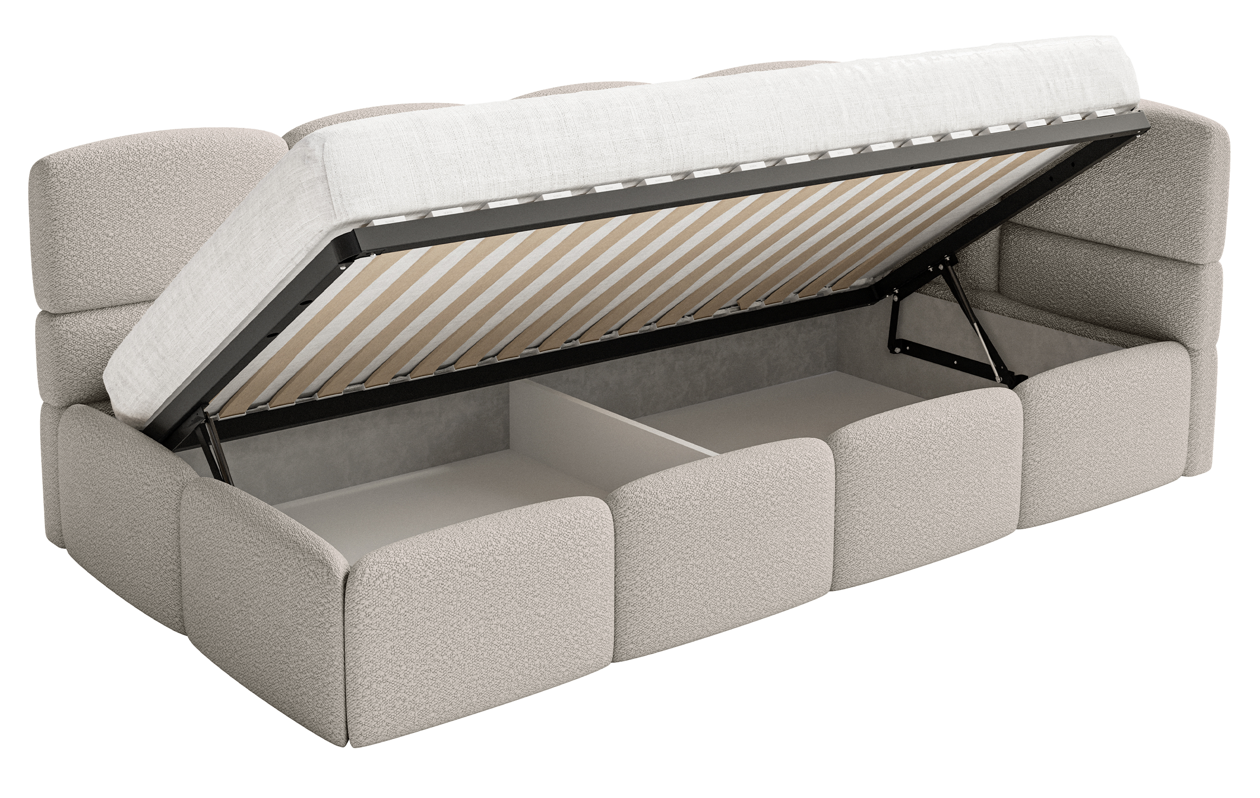 Jugendbett 90x200 cm Cloudy rechtsseitig mit Stauraum, grau-beiges Bouclé