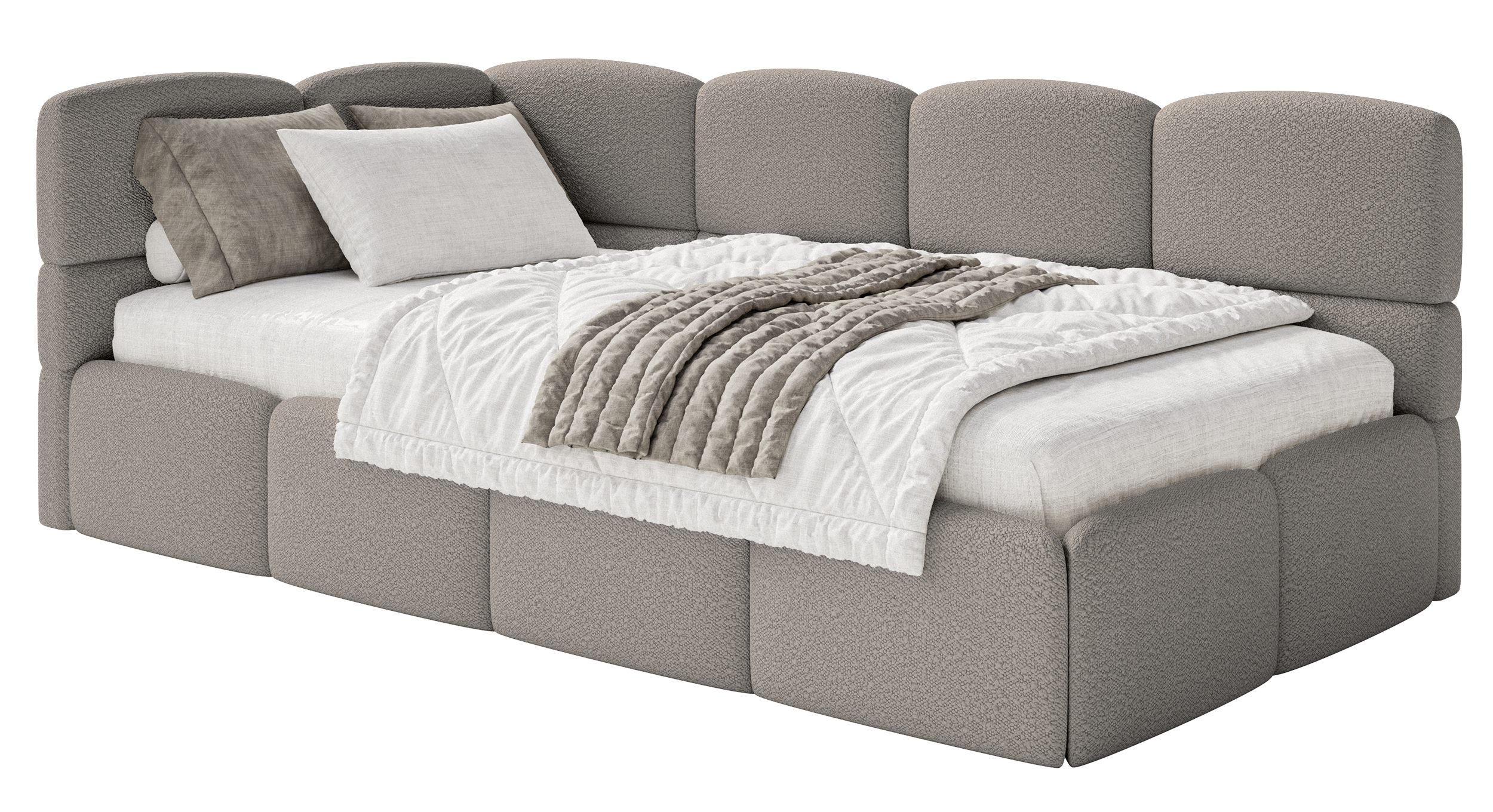 Jugendbett 90x200 cm Cloudy, linksseitig mit Stauraum, grauer Bouclé-Bezug
