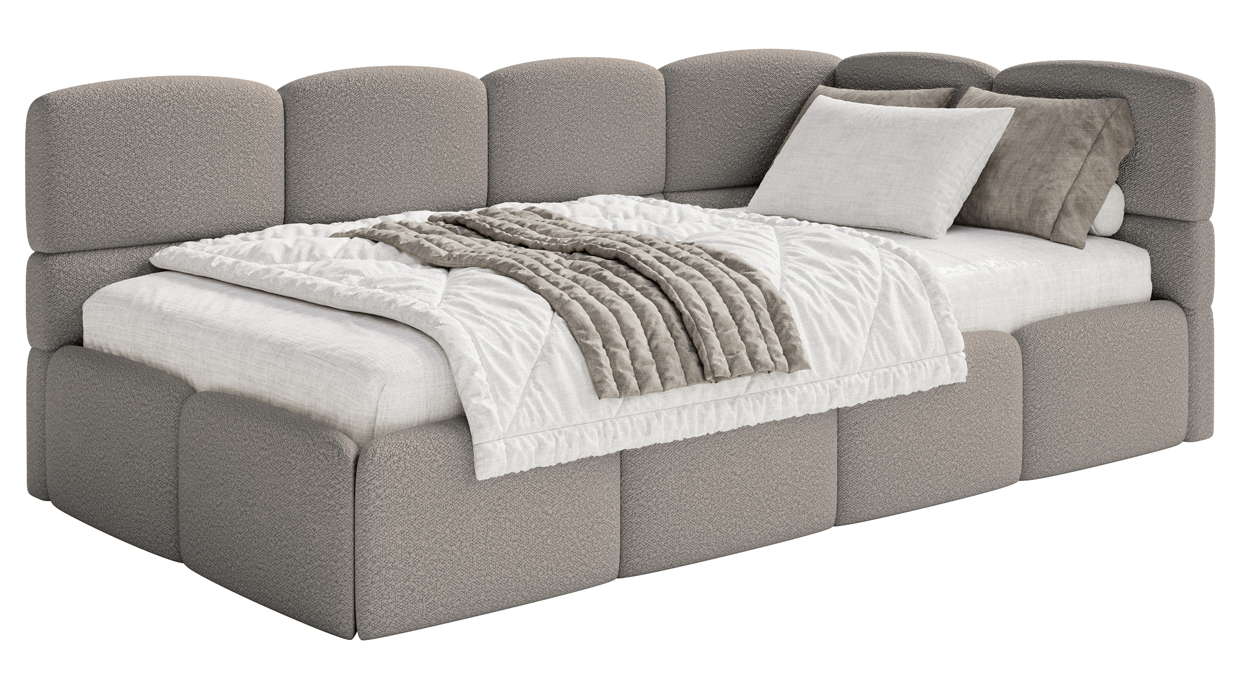 Jugendbett 90x200 cm Cloudy rechtsseitig mit Matratze und Stauraum, grauer Bouclé-Bezug