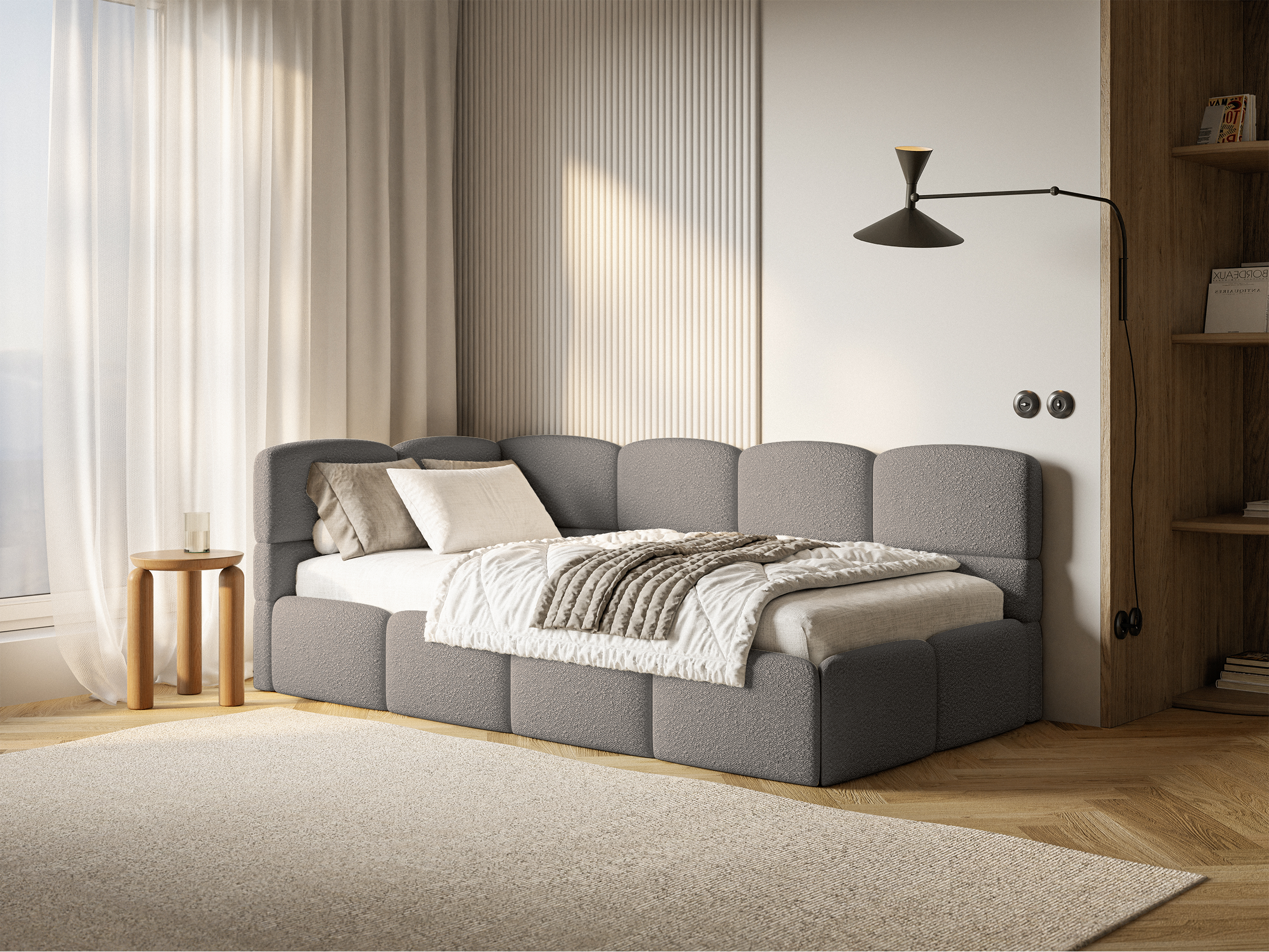 Jugendbett 90x200 cm Cloudy linksseitig mit Stauraum und Geländern, graues Bouclé
