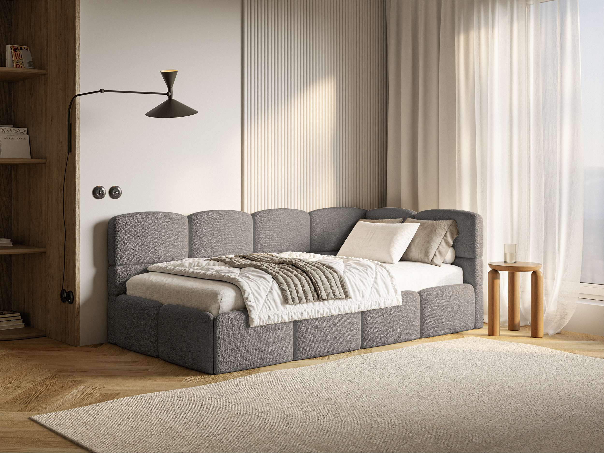 Jugendbett 90x200 cm Cloudy rechtsseitig mit Stauraum und grauen Bouclé-Gittern
