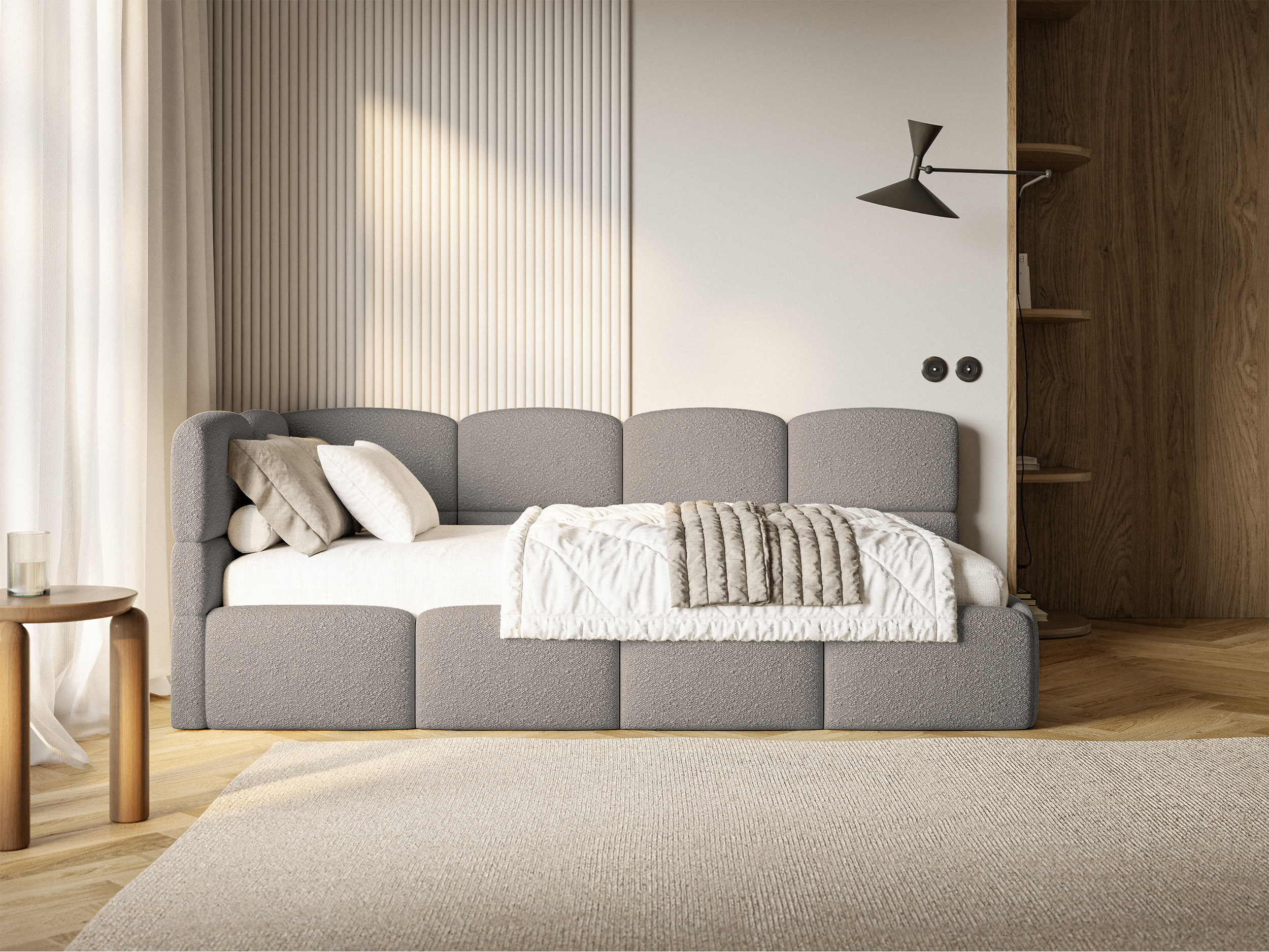 Jugendbett 90x200 cm Cloudy, linksseitig mit Stauraum, grauer Bouclé-Bezug