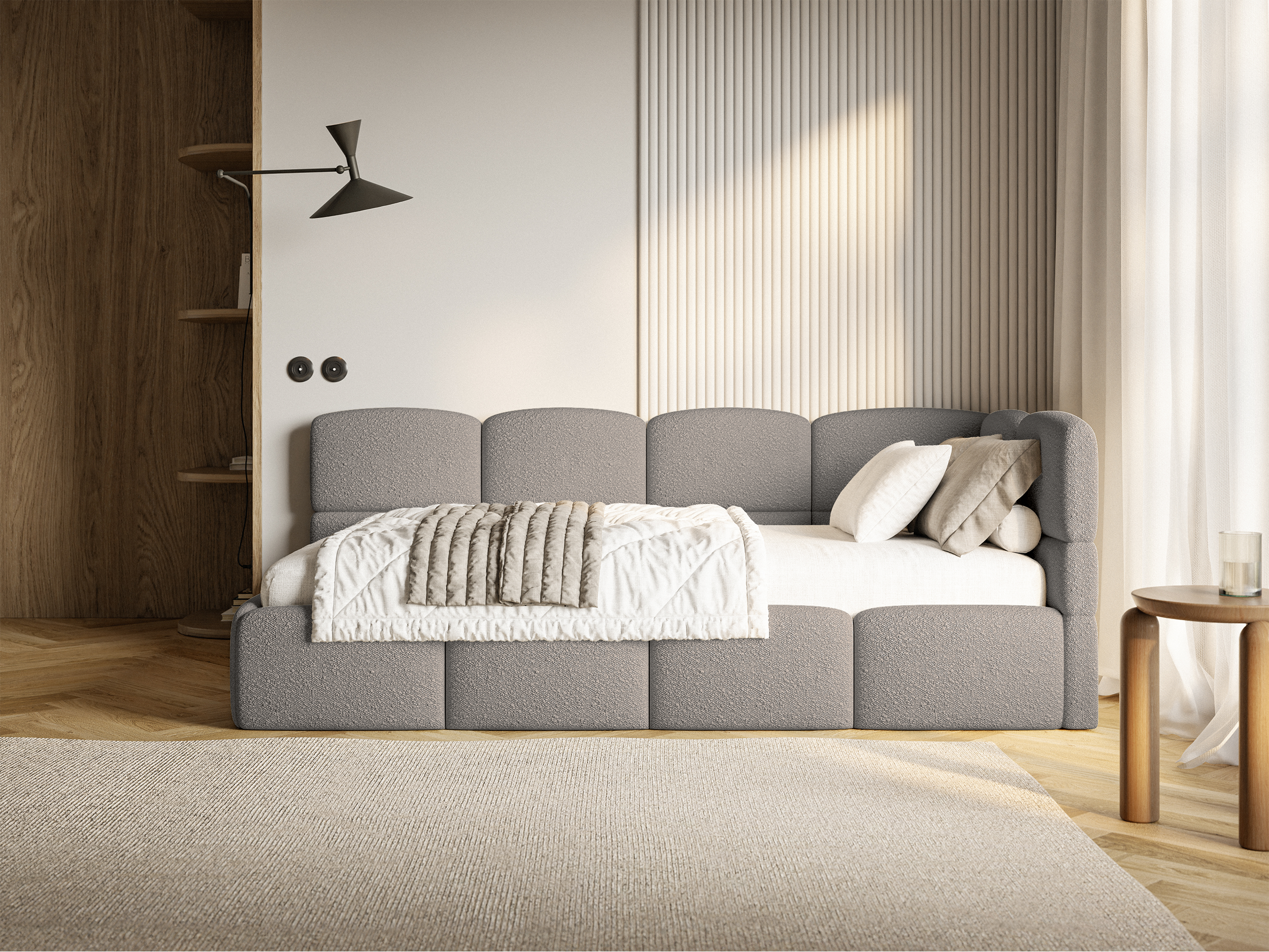 Jugendbett 90x200 cm Cloudy rechtsseitig mit Matratze und Stauraum, grauer Bouclé-Bezug