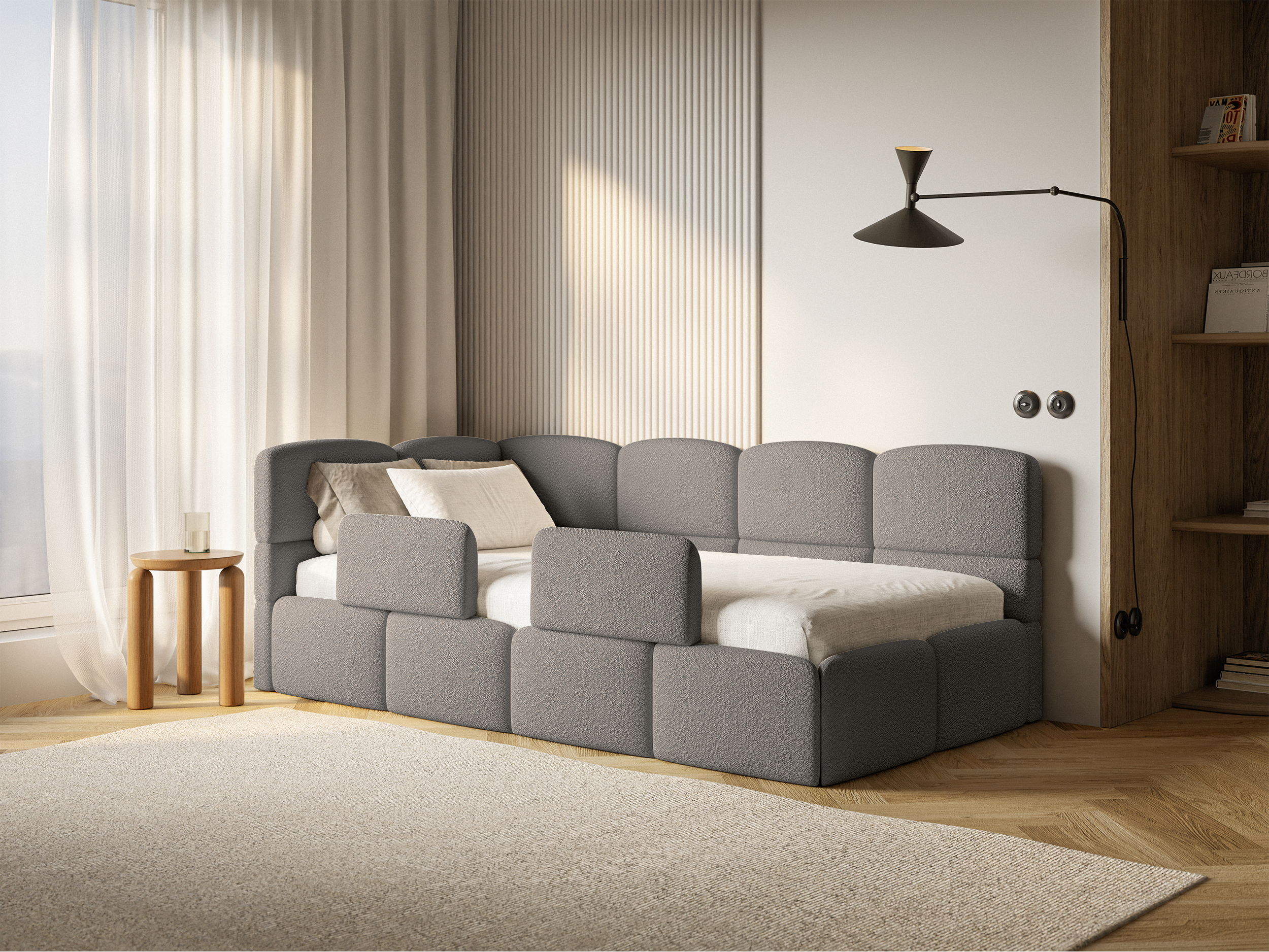 Jugendbett 90x200 cm Cloudy linksseitig mit Stauraum und Geländern, graues Bouclé