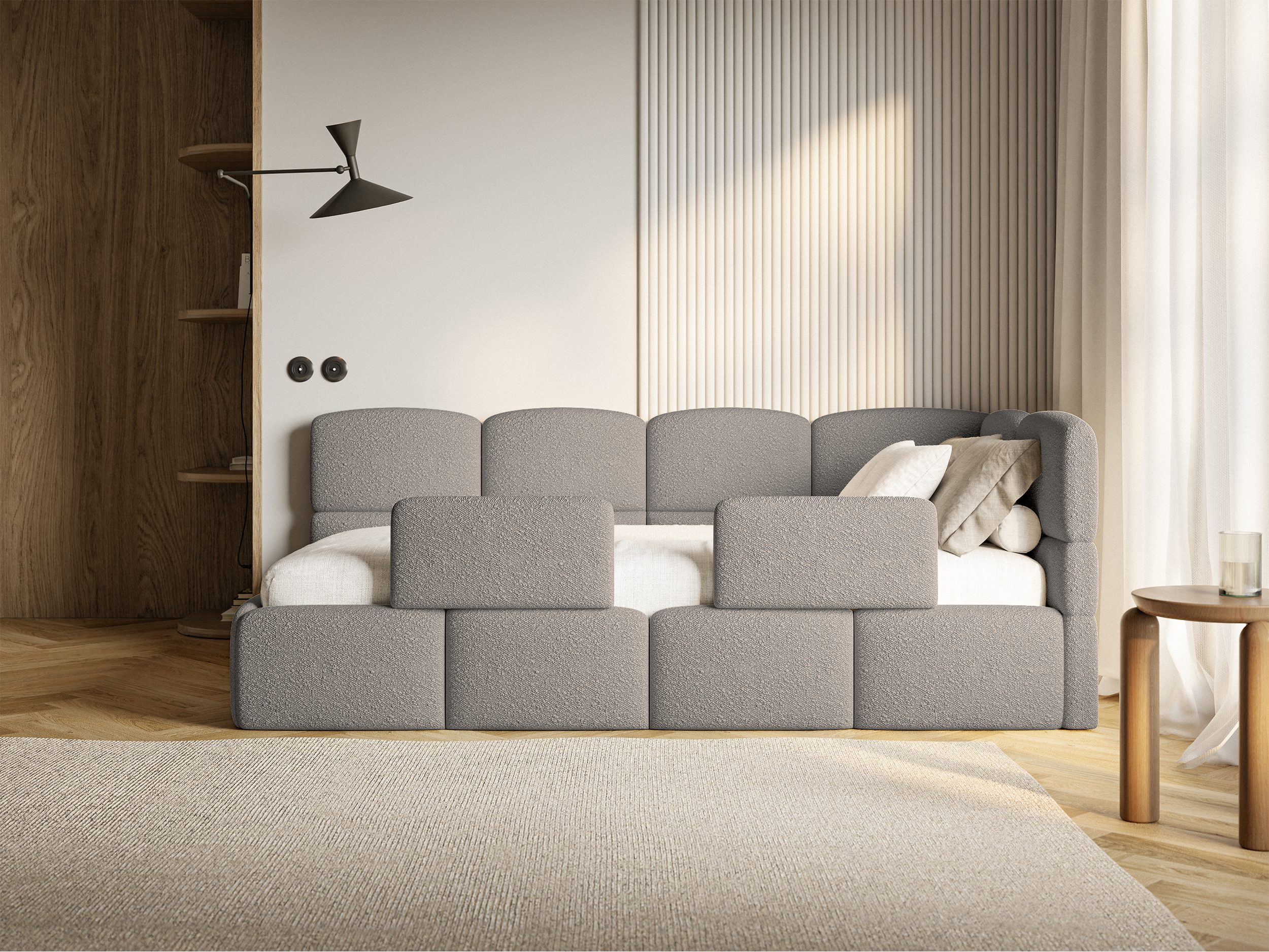 Jugendbett 90x200 cm Cloudy rechtsseitig mit Matratze und Stauraum, grauer Bouclé-Bezug