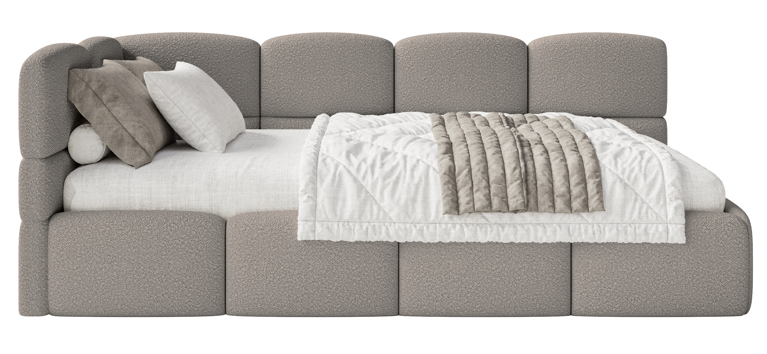 Jugendbett 90x200 cm Cloudy linksseitig mit Stauraum und Geländern, graues Bouclé