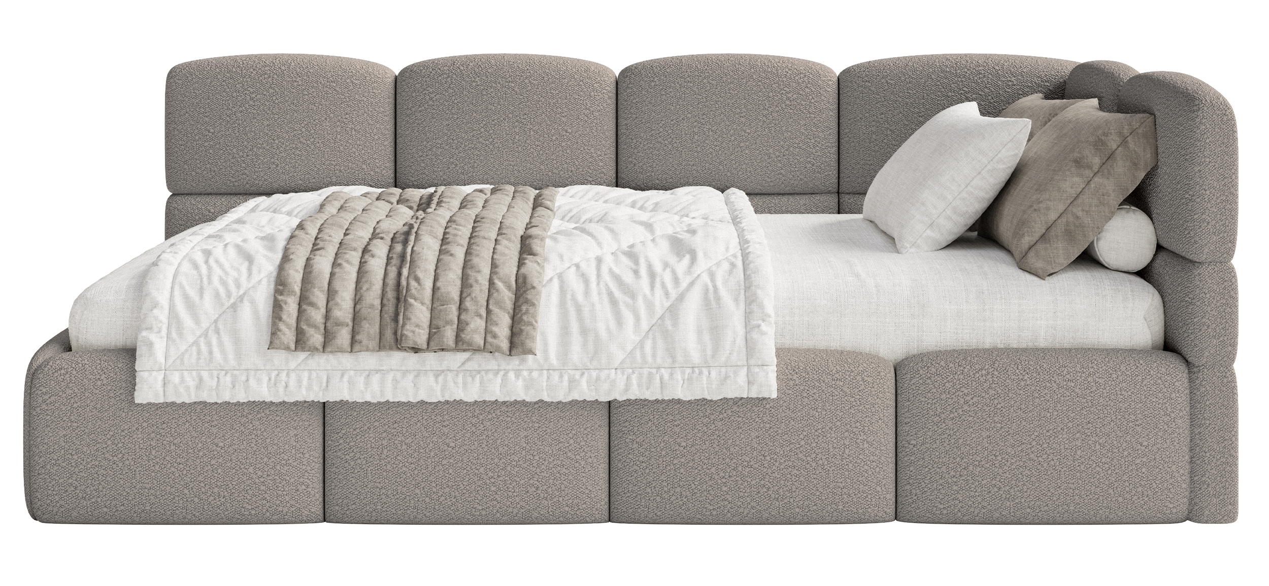 Jugendbett 90x200 cm Cloudy rechtsseitig mit Stauraum und grauen Bouclé-Gittern