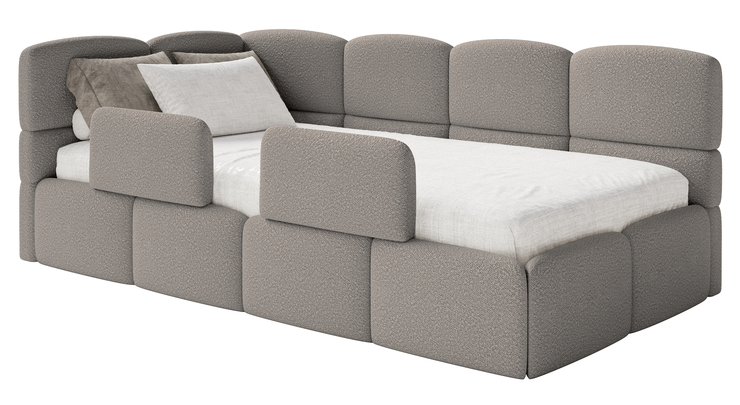 Jugendbett 90x200 cm Cloudy linksseitig mit Stauraum und Geländern, graues Bouclé